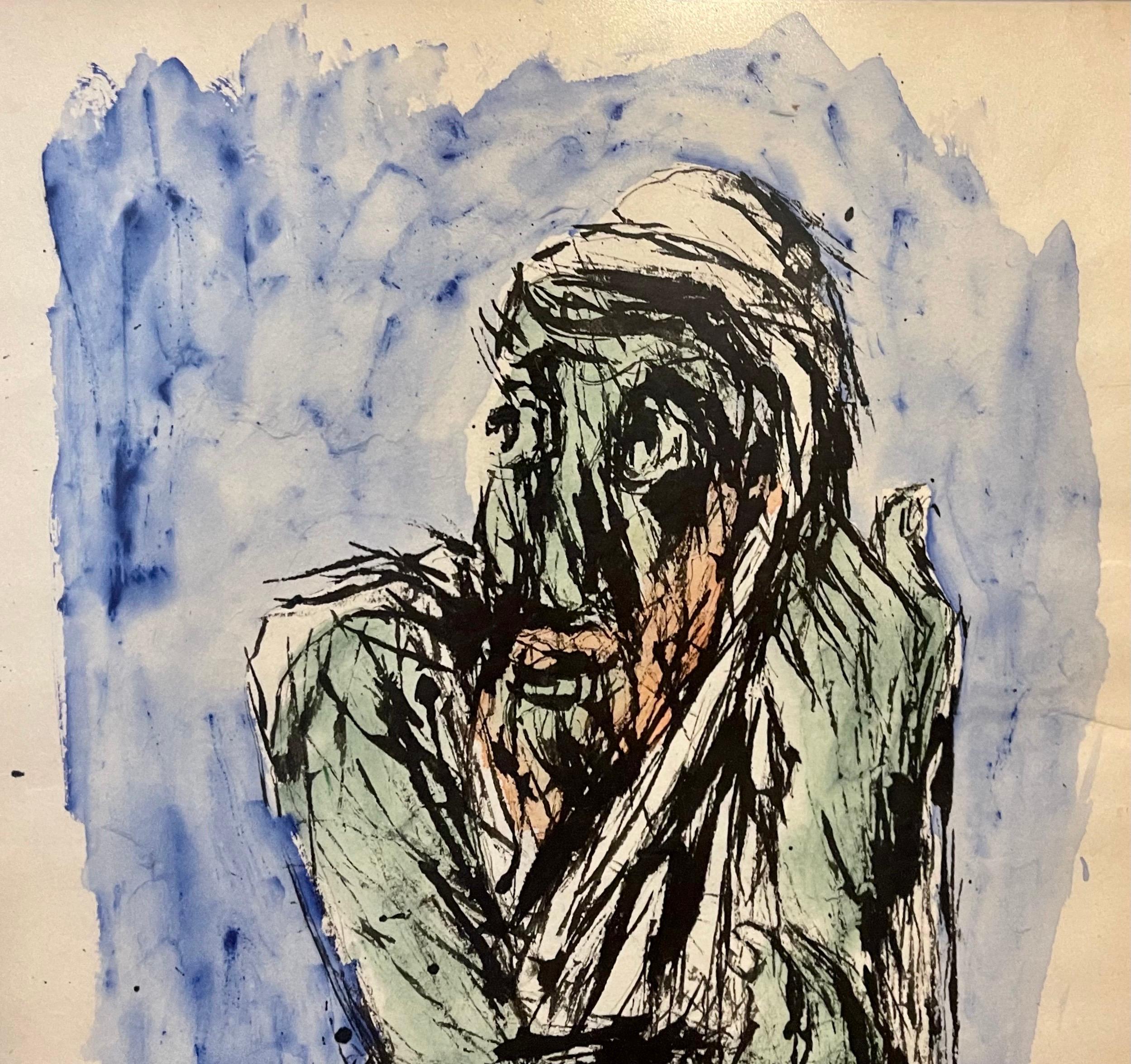 Watercolor painting of standing prophet or Rabbi, Judaica artwork

Born in 1897, Ben-Zion Weinman celebrated his European Jewish heritage in his visual works as a sculptor, painter, and printmaker. Influenced by Spinoza, Knut Hamsun, and Wladyslaw