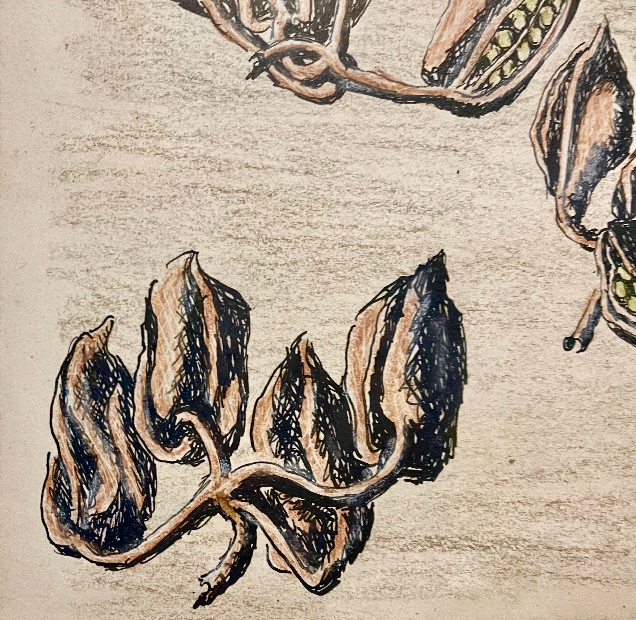Disegno espressionista a inchiostro, pastello e pastello Ebreo Americano Modernista Ben Zion WPA - Still-Life Arancia di Ben-Zion Weinman