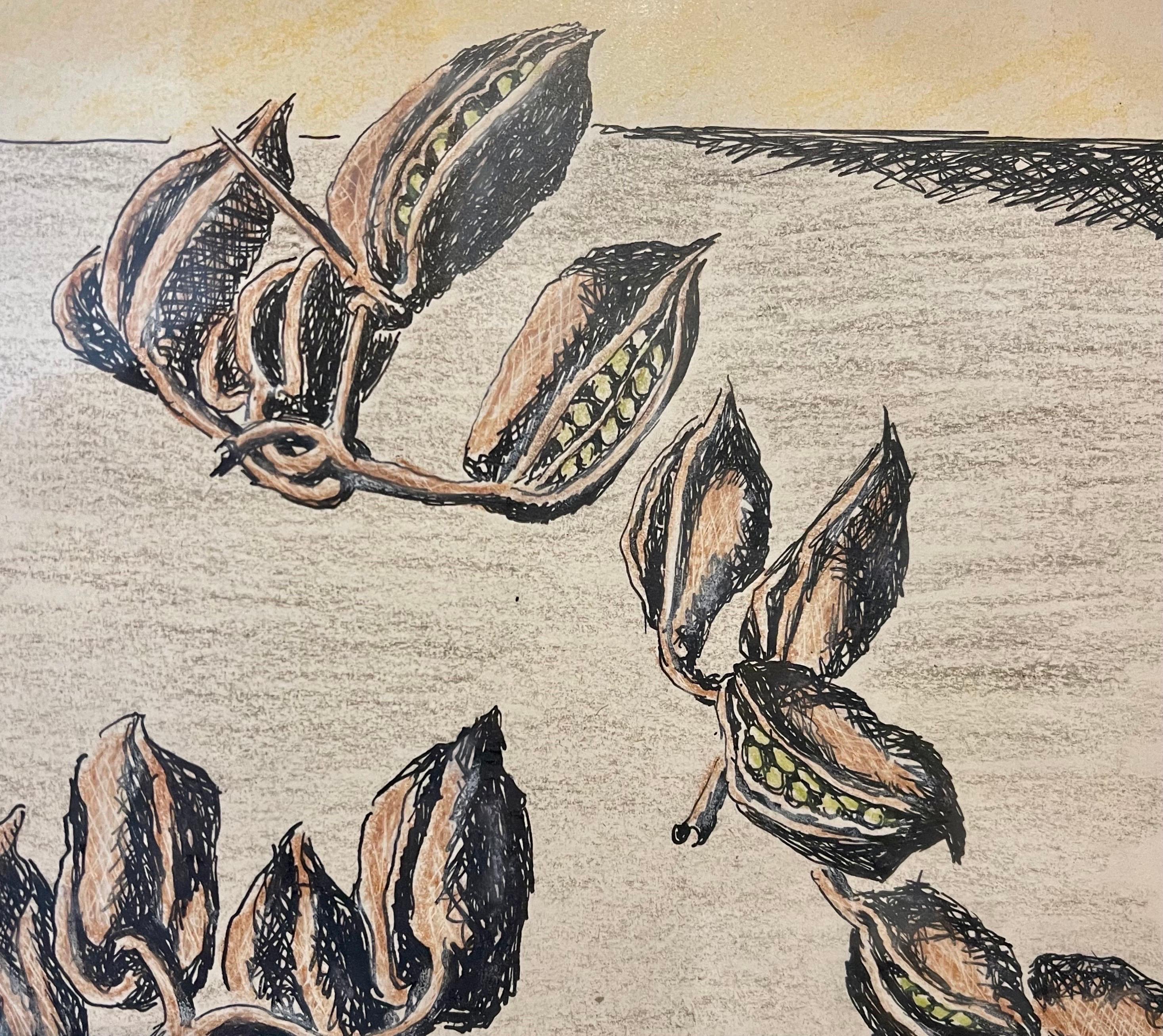 Disegno espressionista a inchiostro e pastello di fagioli (carrube, fiori?) in baccello
Firmato a mano.


Nato nel 1897, Ben-Zion Weinman ha celebrato la sua eredità ebraica europea nelle sue opere visive come scultore, pittore e stampatore.