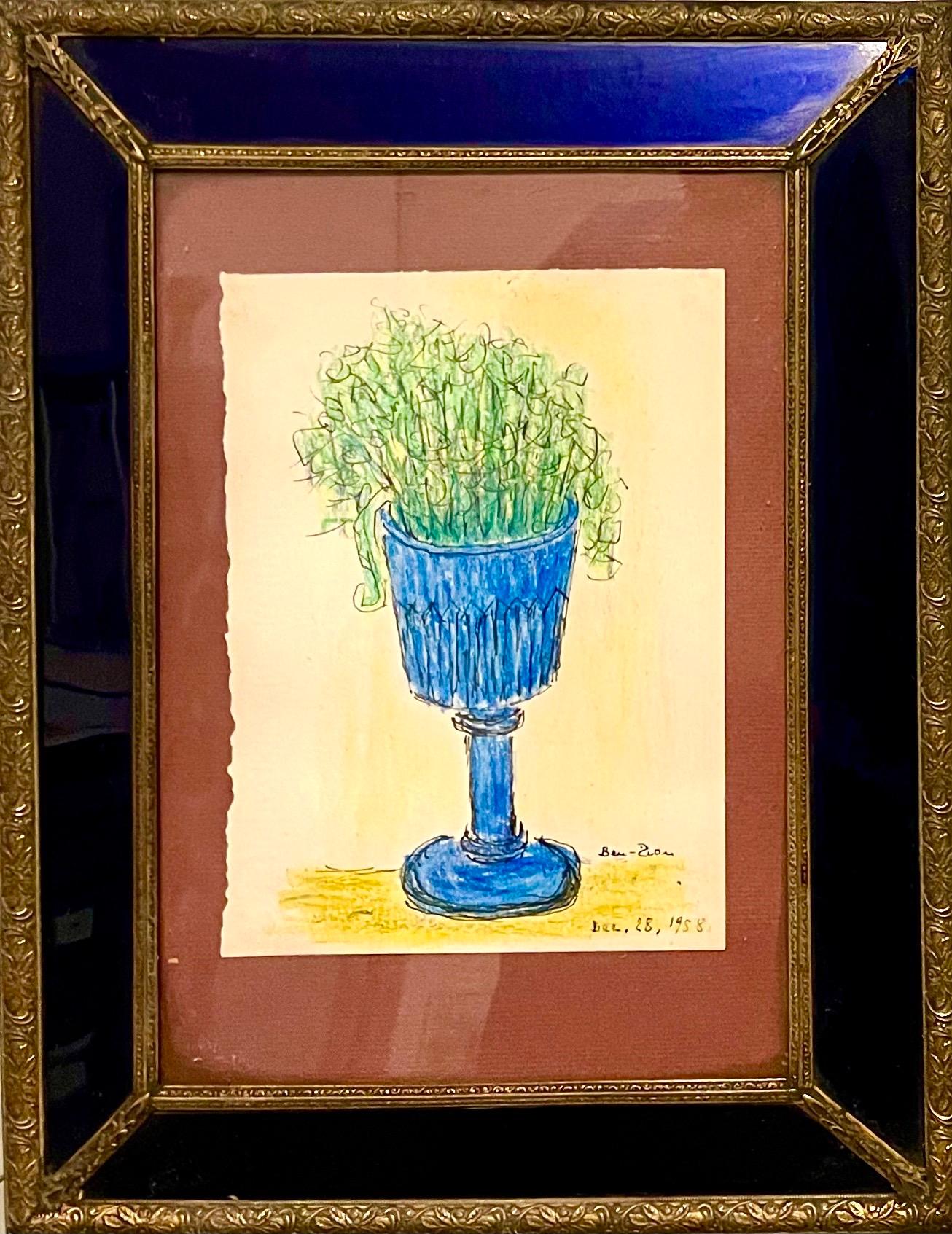 Expressionistische Farbzeichnung Kobaltglas Vintage-Rahmen Modernistischer Ben Zion WPA Vintage-Rahmen – Art von Ben-Zion Weinman