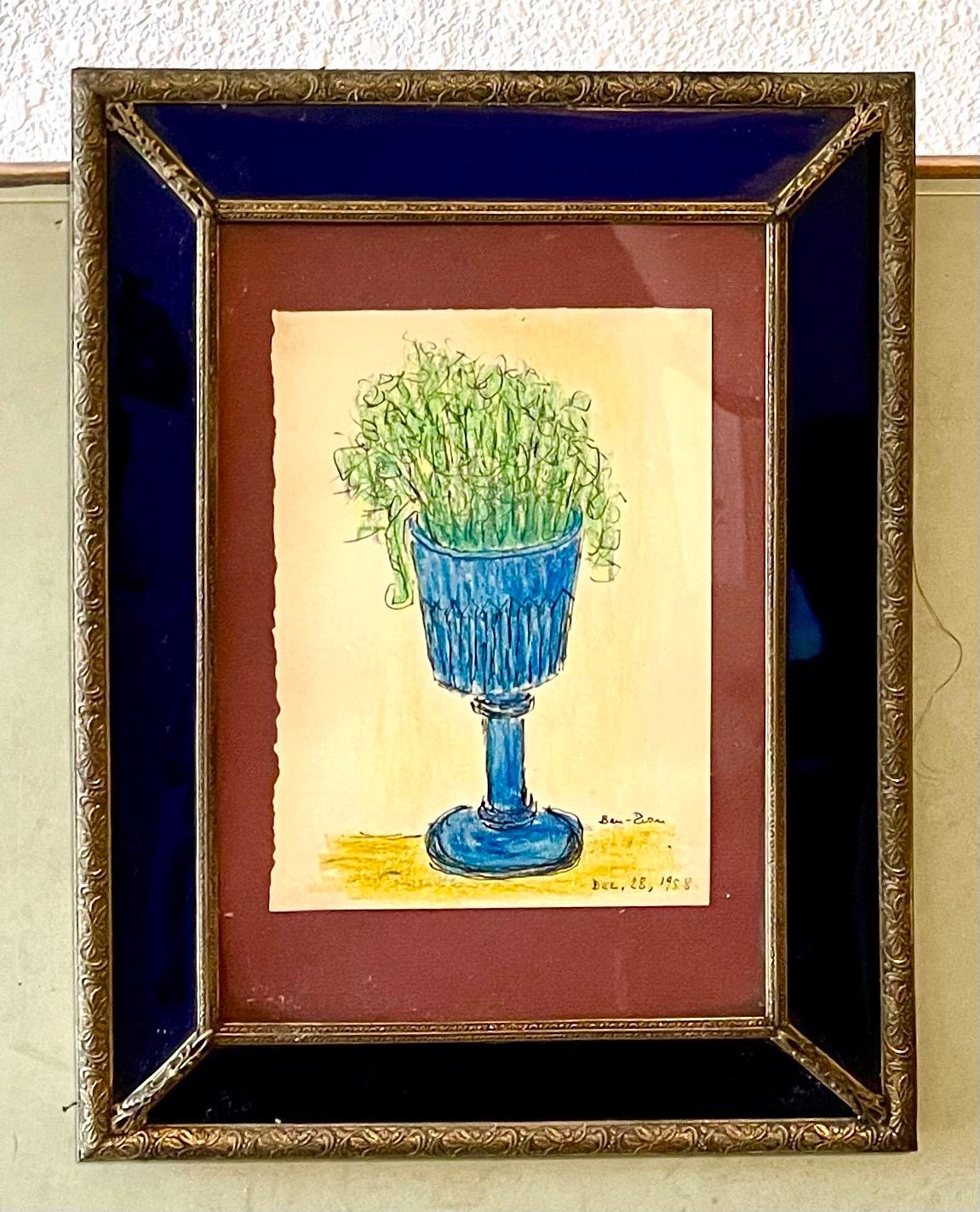 Expressionistische Farbzeichnung Kobaltglas Vintage-Rahmen Modernistischer Ben Zion WPA Vintage-Rahmen (Expressionismus), Art, von Ben-Zion Weinman