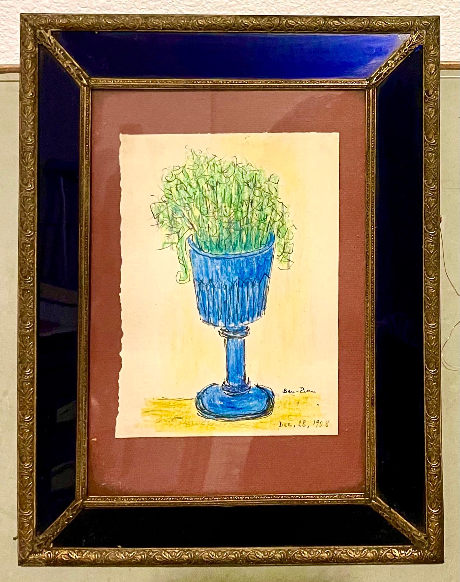 Expressionistische Farbzeichnung Kobaltglas Vintage-Rahmen Modernistischer Ben Zion WPA Vintage-Rahmen (Schwarz), Still-Life, von Ben-Zion Weinman
