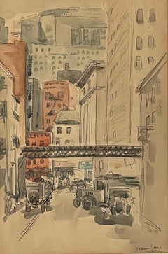 Rara pittura ad acquerello di Chaim Gross Grattacieli di Manhattan Treno NYC Artista WPA