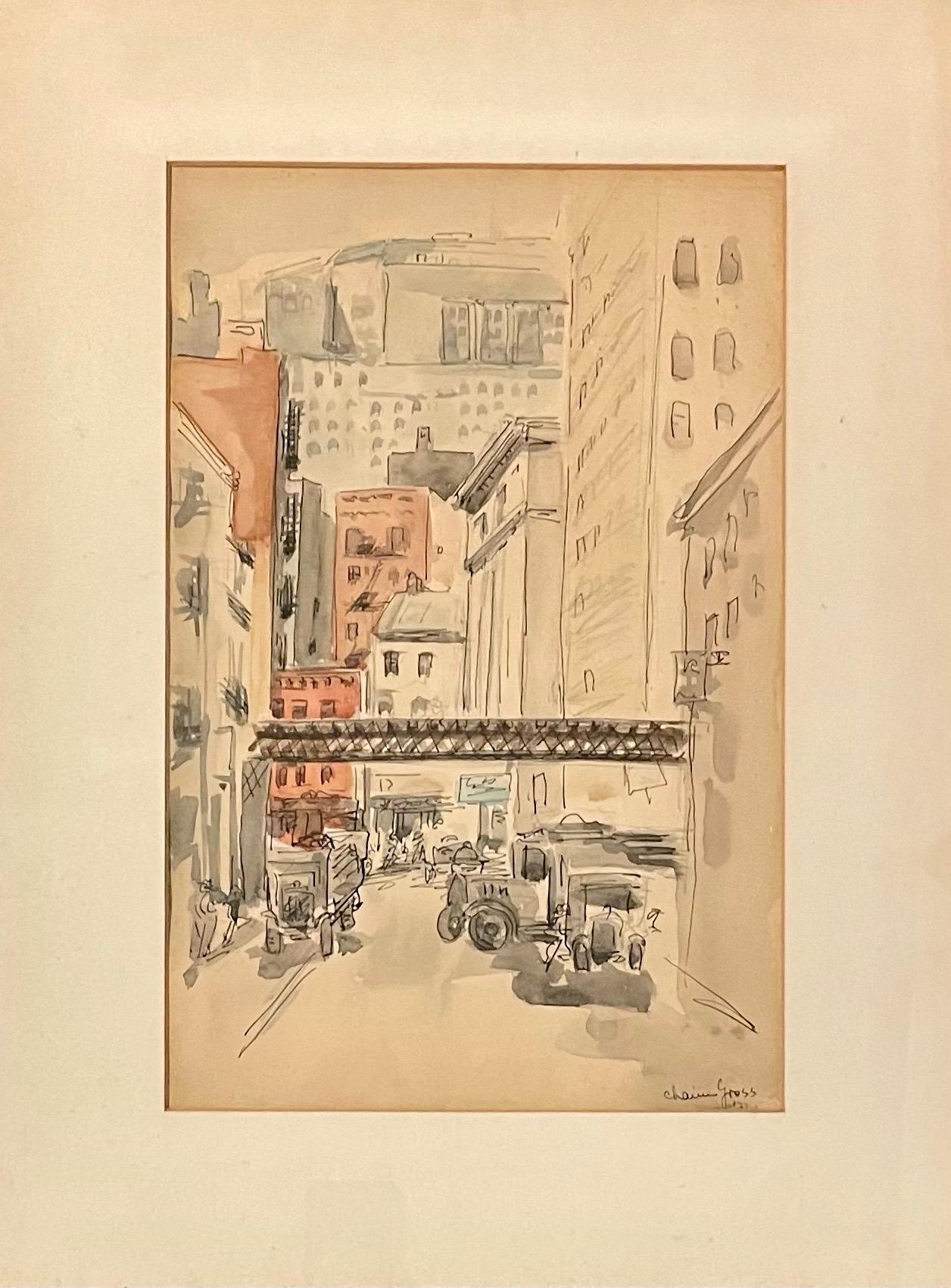 Rara pittura ad acquerello di Chaim Gross Grattacieli di Manhattan Treno NYC Artista WPA in vendita 1