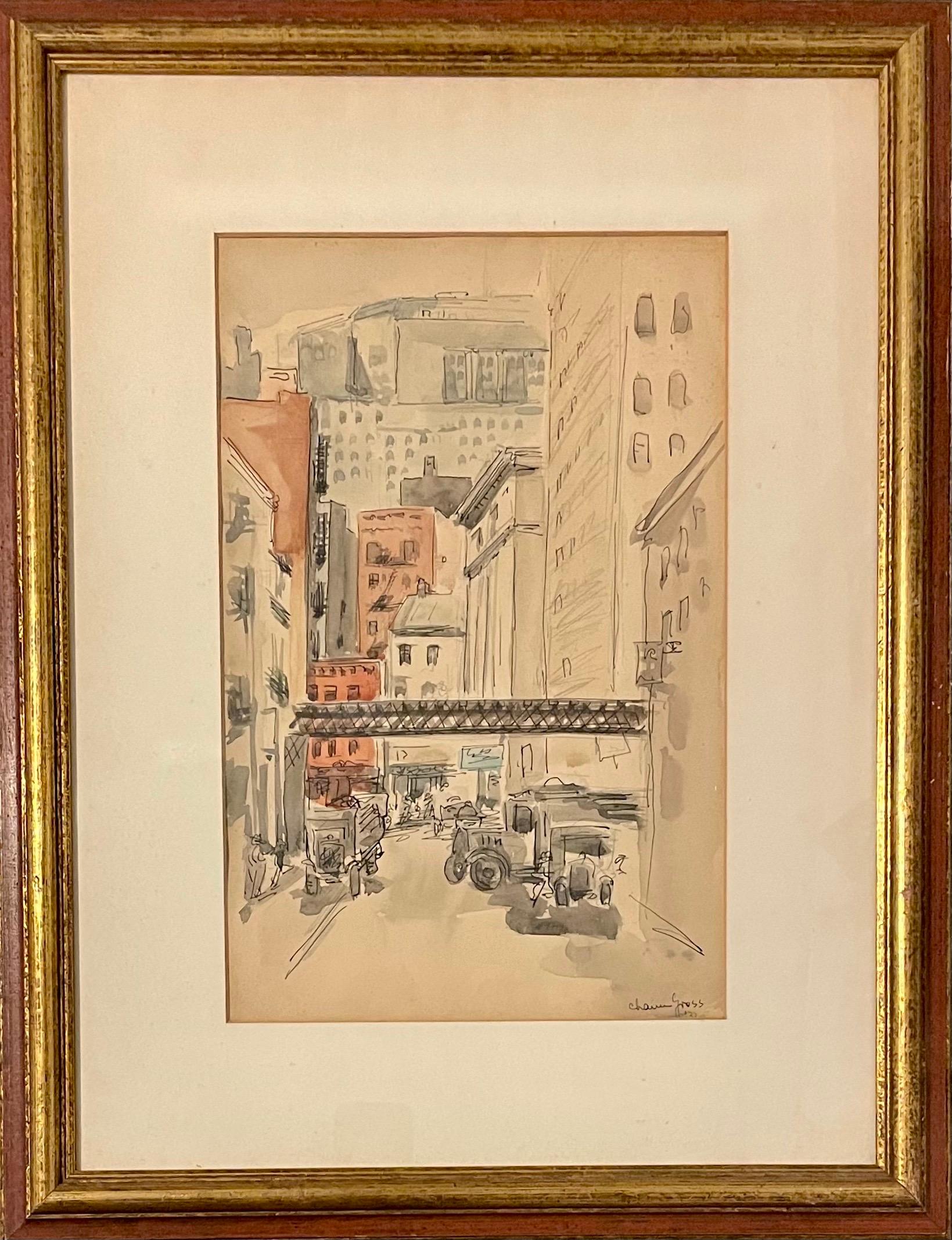 Rara pittura ad acquerello di Chaim Gross Grattacieli di Manhattan Treno NYC Artista WPA in vendita 2