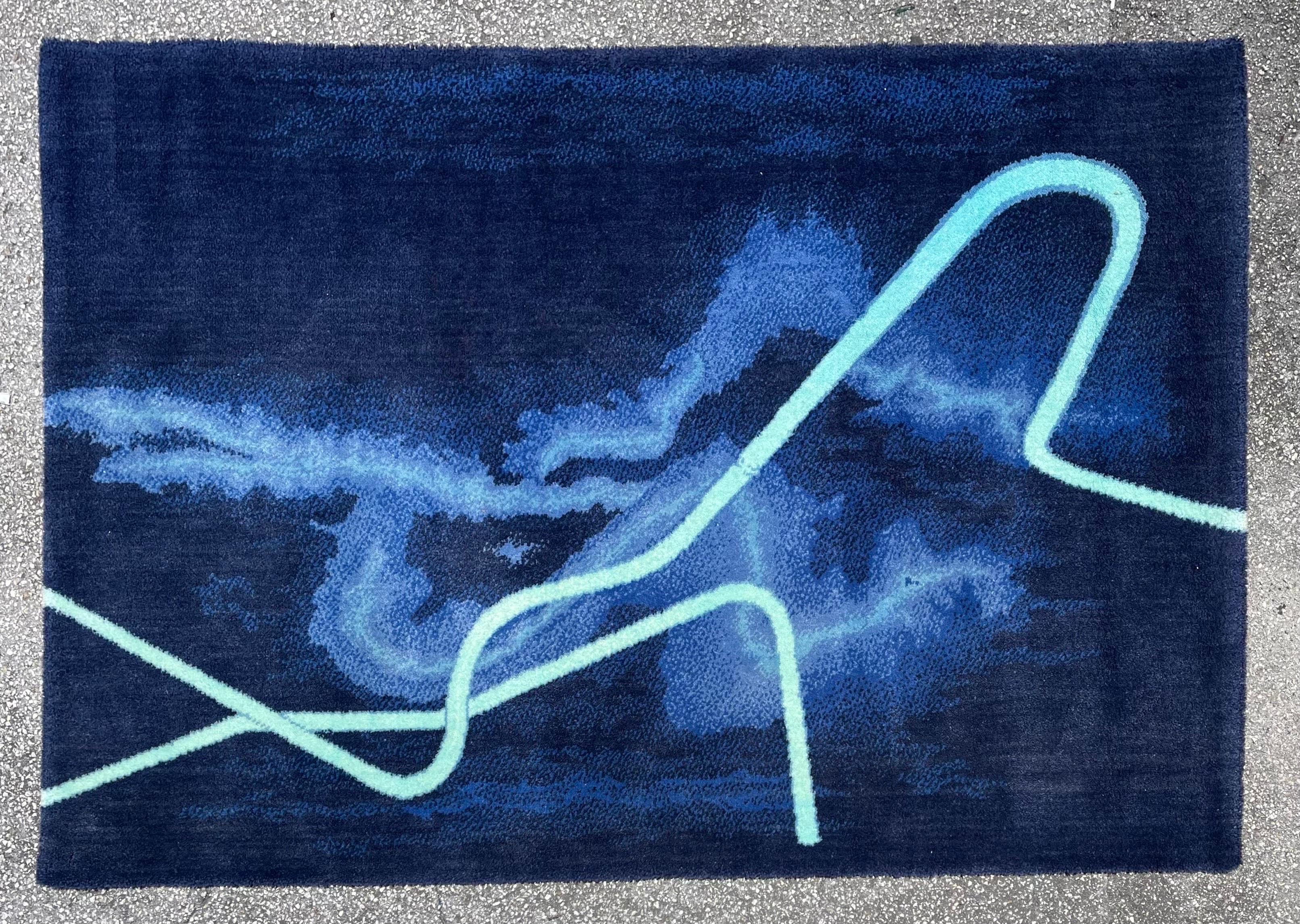 Scandinavian Abstract Wool Tapestry Rug Gun Gordillo Neon Electric Blue Color For Sale 1