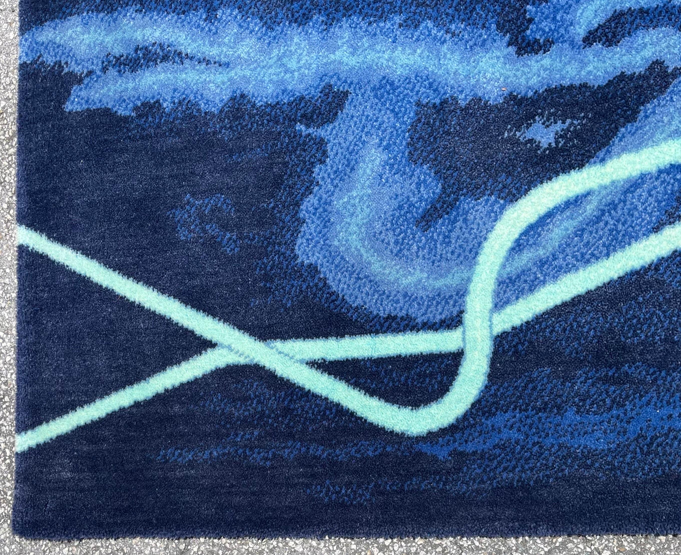 Scandinavian Abstract Wool Tapestry Rug Gun Gordillo Neon Electric Blue Color For Sale 4