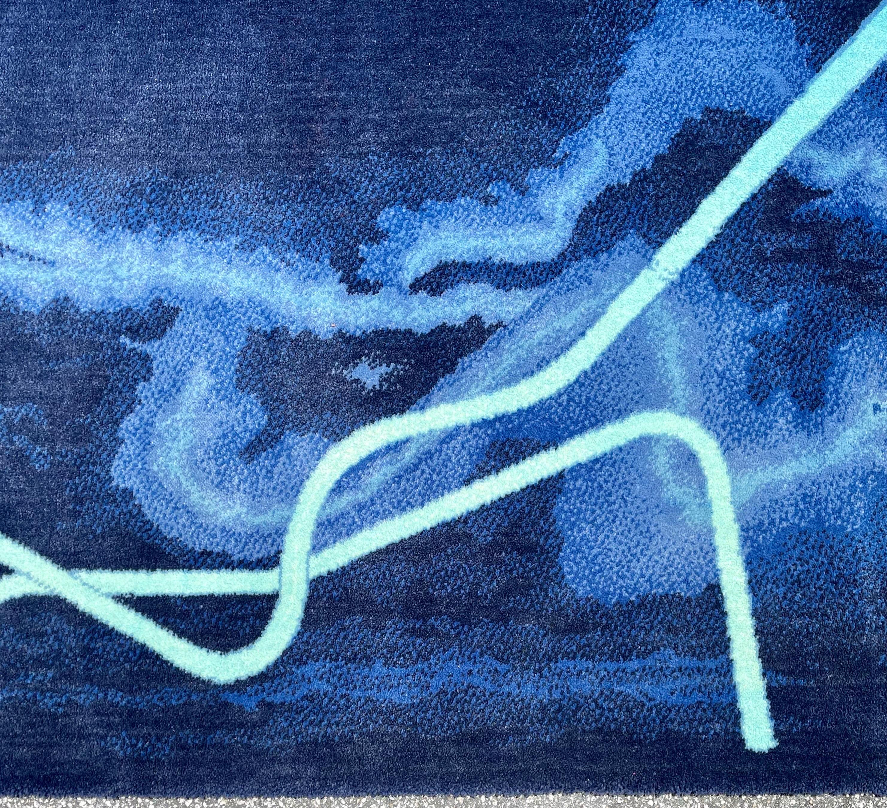 Scandinavian Abstract Wool Tapestry Rug Gun Gordillo Neon Electric Blue Color For Sale 5