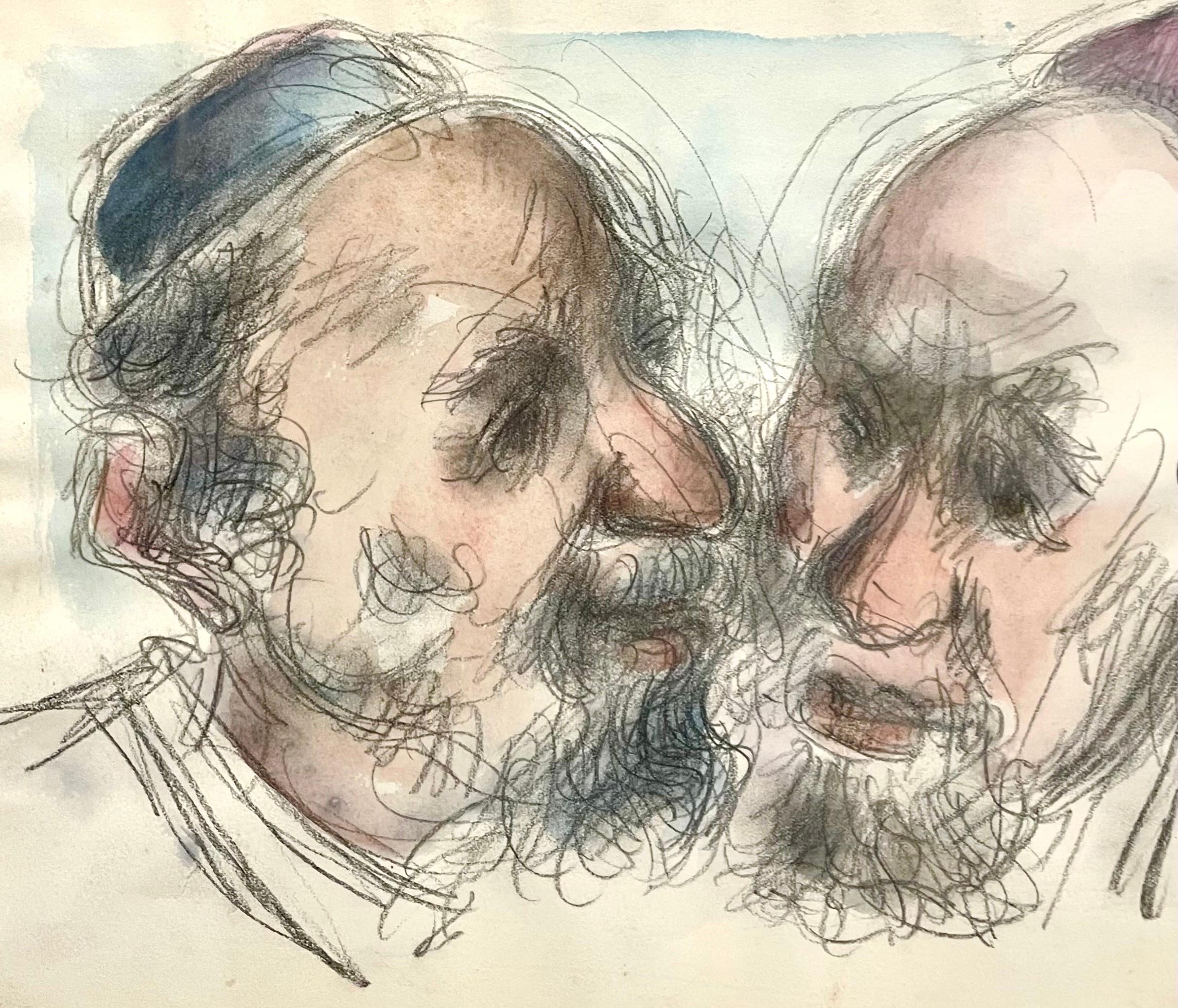 Chaim Gross Mid Century Mod Judaica Jewish Watercolor Painting Rabbis WPA Artist For Sale 1
