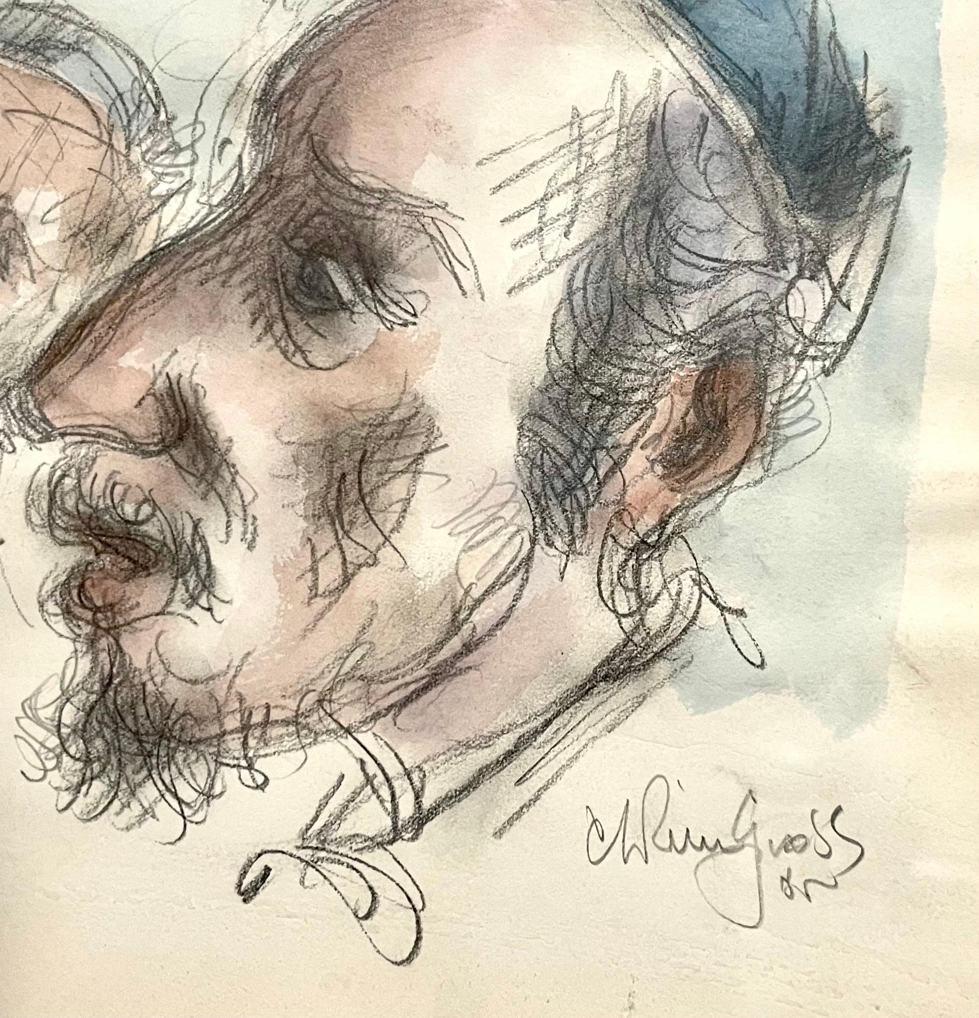 Chaim Gross Mid Century Mod Judaica Jewish Watercolor Painting Rabbis WPA Artist For Sale 2