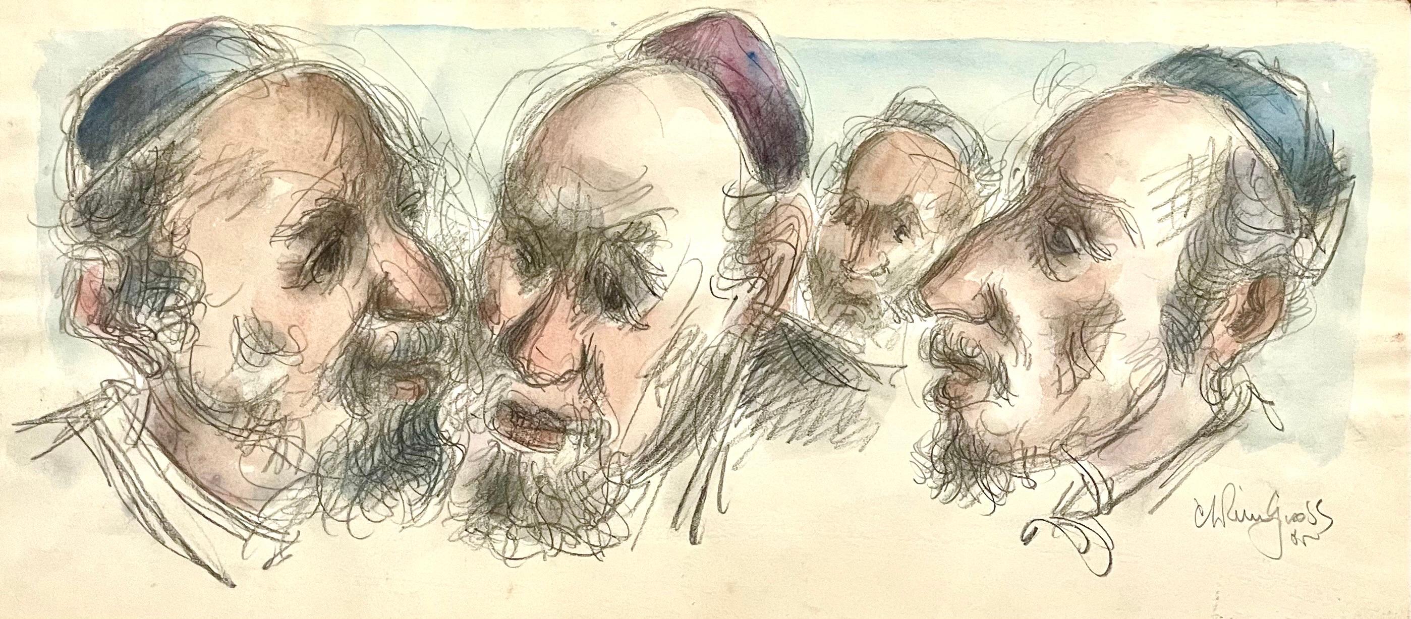 Chaim Gross Mid Century Mod Judaica Jewish Watercolor Painting Rabbis WPA Artist For Sale 3