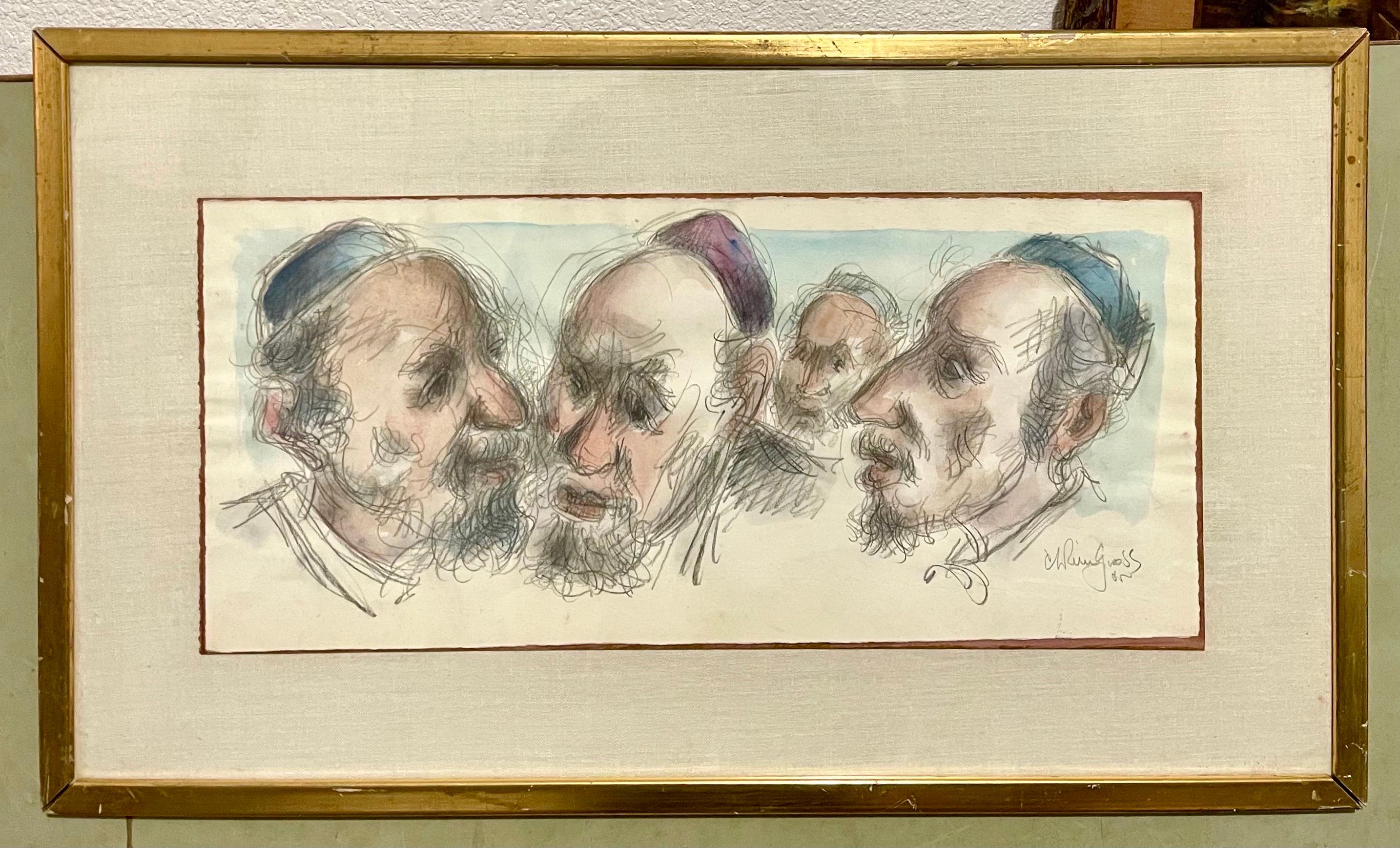 Chaim Gross Mid Century Mod Judaica Jewish Watercolor Painting Rabbis WPA Artist For Sale 4
