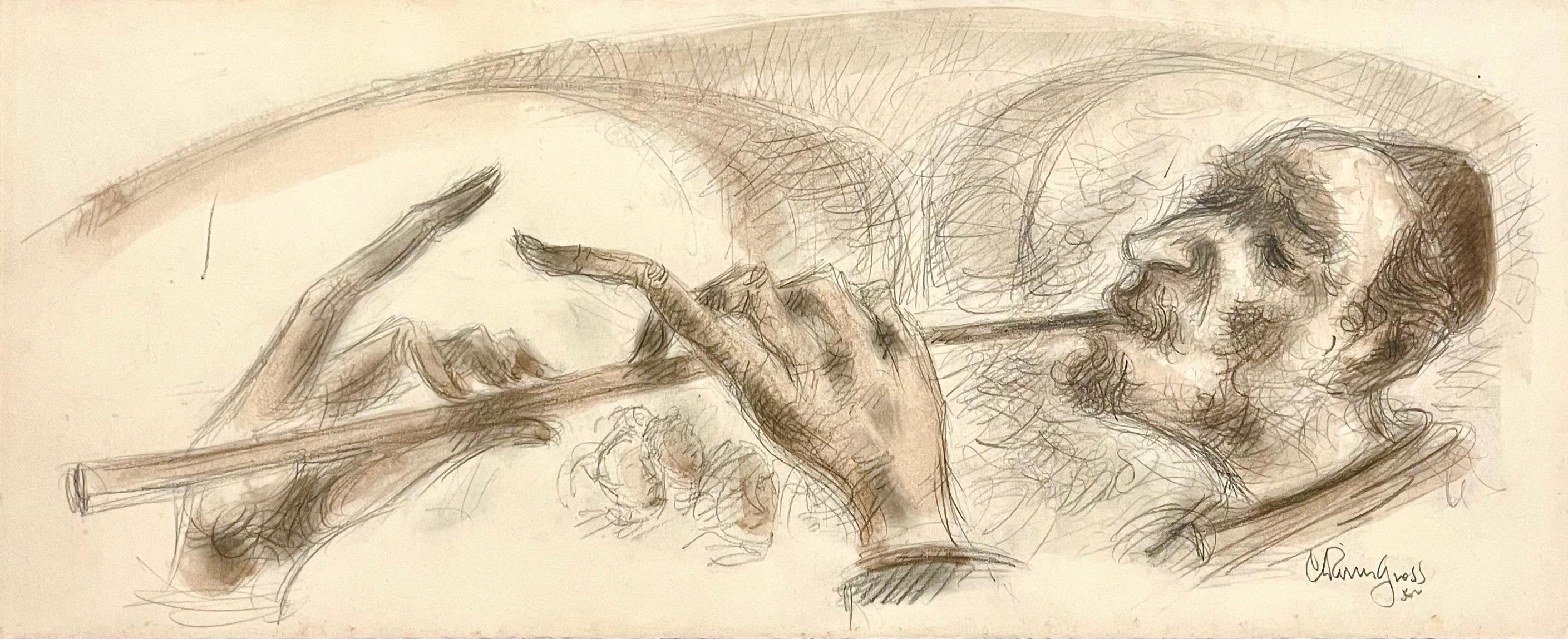 Chaim Gross (americano, 1904-1991) 
Acquerello con pittura a matita
Concerto di musica klezmer di Rabbi, suonatore di flauto.
Firmato a mano 
incorniciato: 15 X 28,5,  carta: 9.5 X 23


Chaim Gross (17 marzo 1904 - 5 maggio 1991) è stato uno