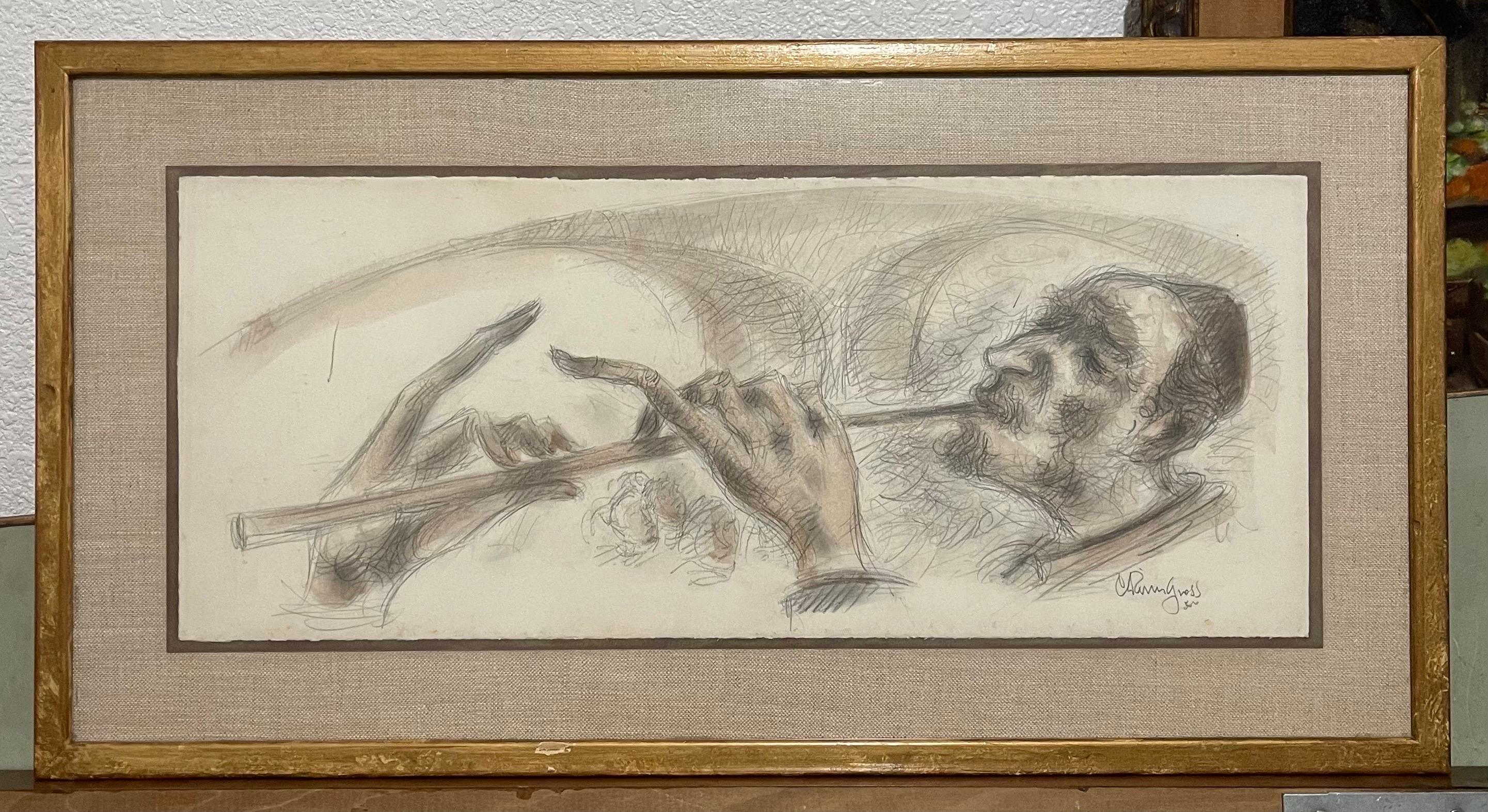 Chaim Gross Judaica Pittura ad acquerello ebraica Rabbi Musica klezmer Artista WPA in vendita 6