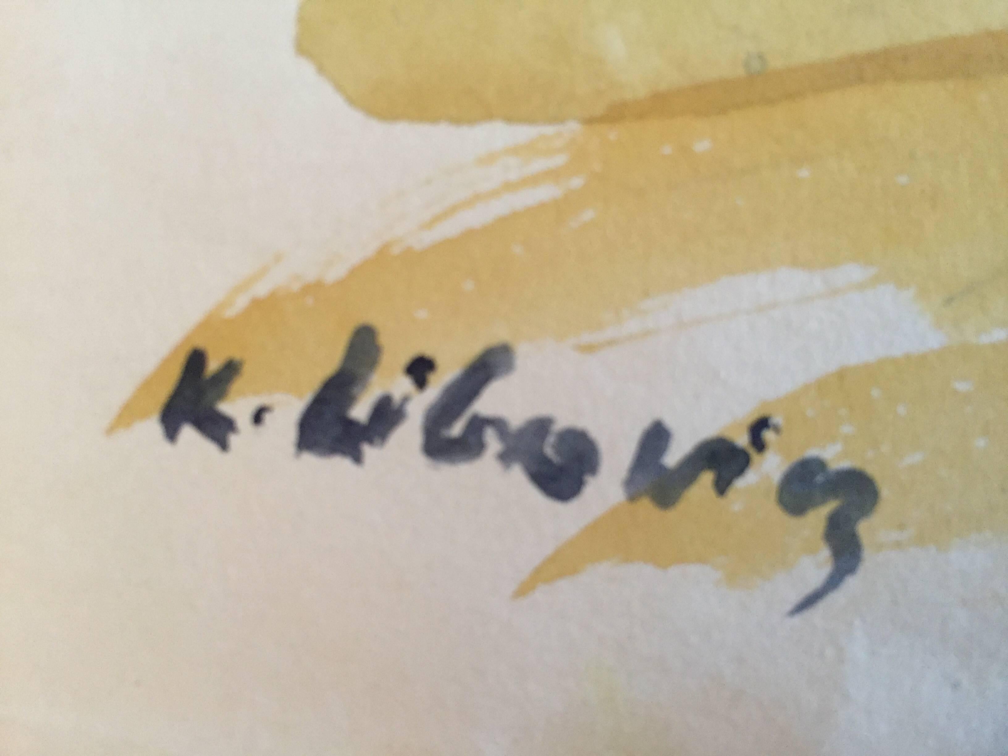 Village Harbour - Beige Landscape Art by Katherine Librowicz