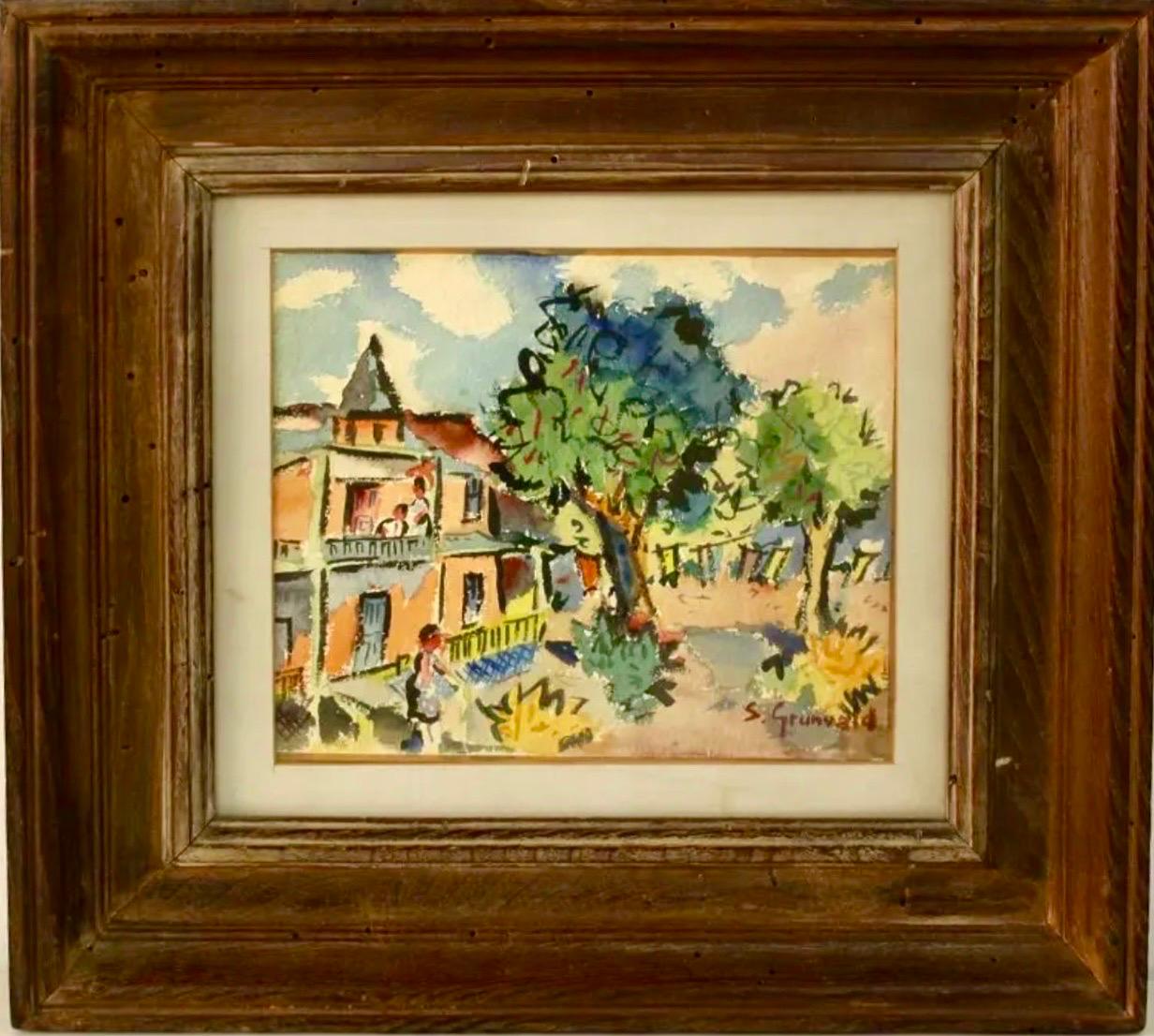 1940
s Americana WPA Modernist Watercolor Painting Catskill Mountains Bungalow