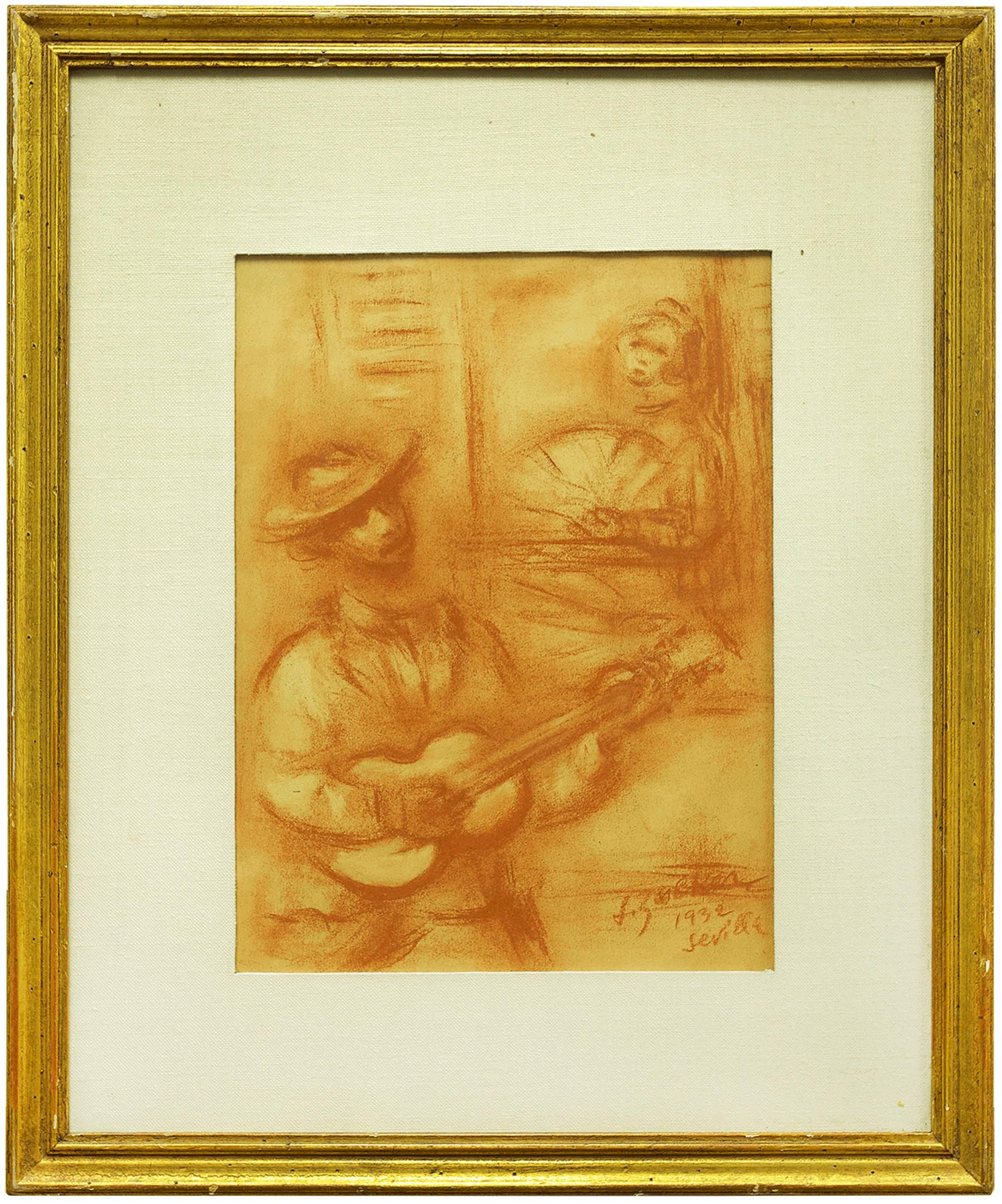 Figurative Art de Jacques (Jakub) Zucker - Serenata, 1932 Sevilla, España Dibujo en sepia Ecole D
Paris, WPA, Artista Bezalel
