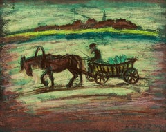 Sans titre, cheval et chariot Dessin au pastel Shtetl Judaica Scène Vie juive polonaise