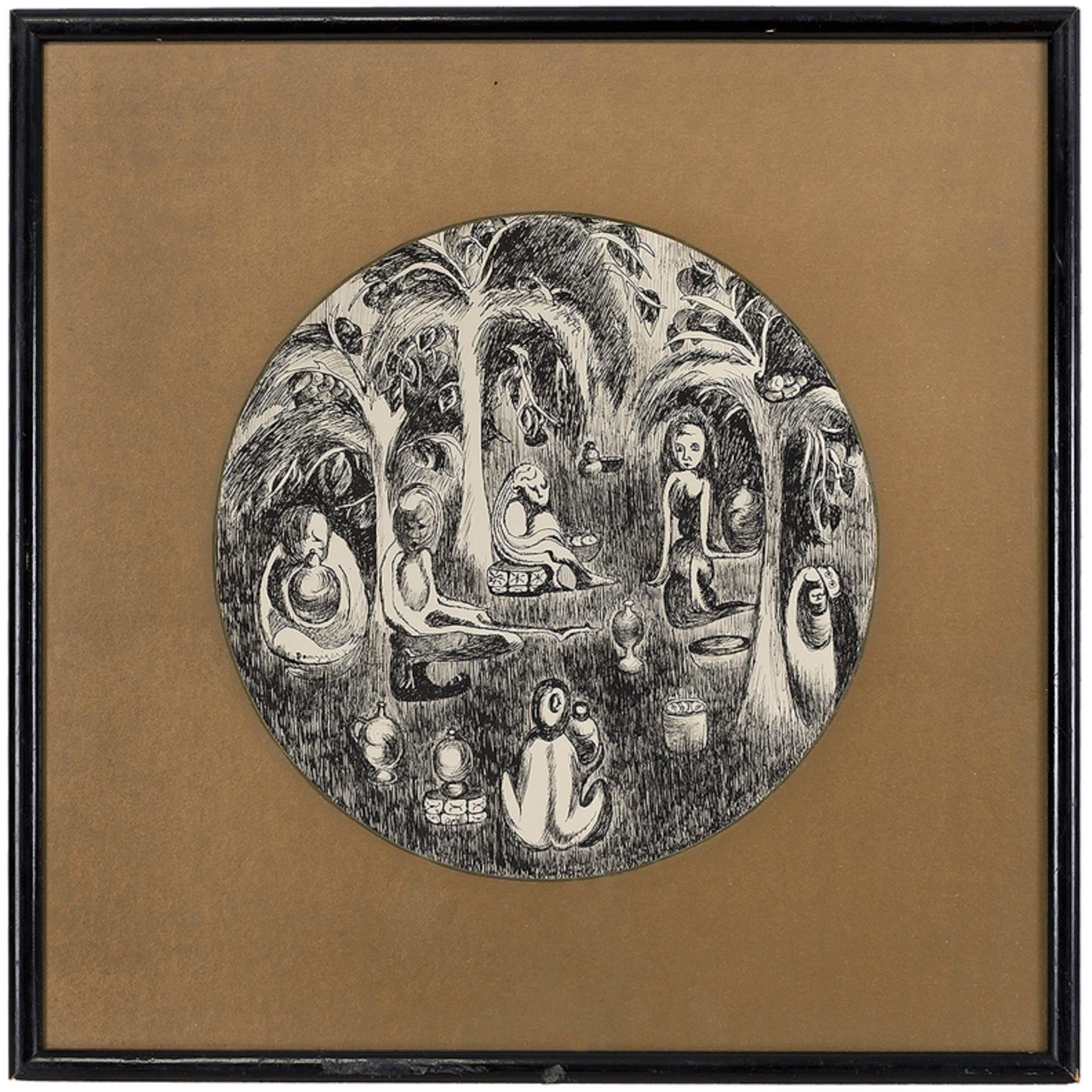 Itzhak Danziger Figurative Art - Figures in the Forest, Rare Drawing, Israeli Modernist master