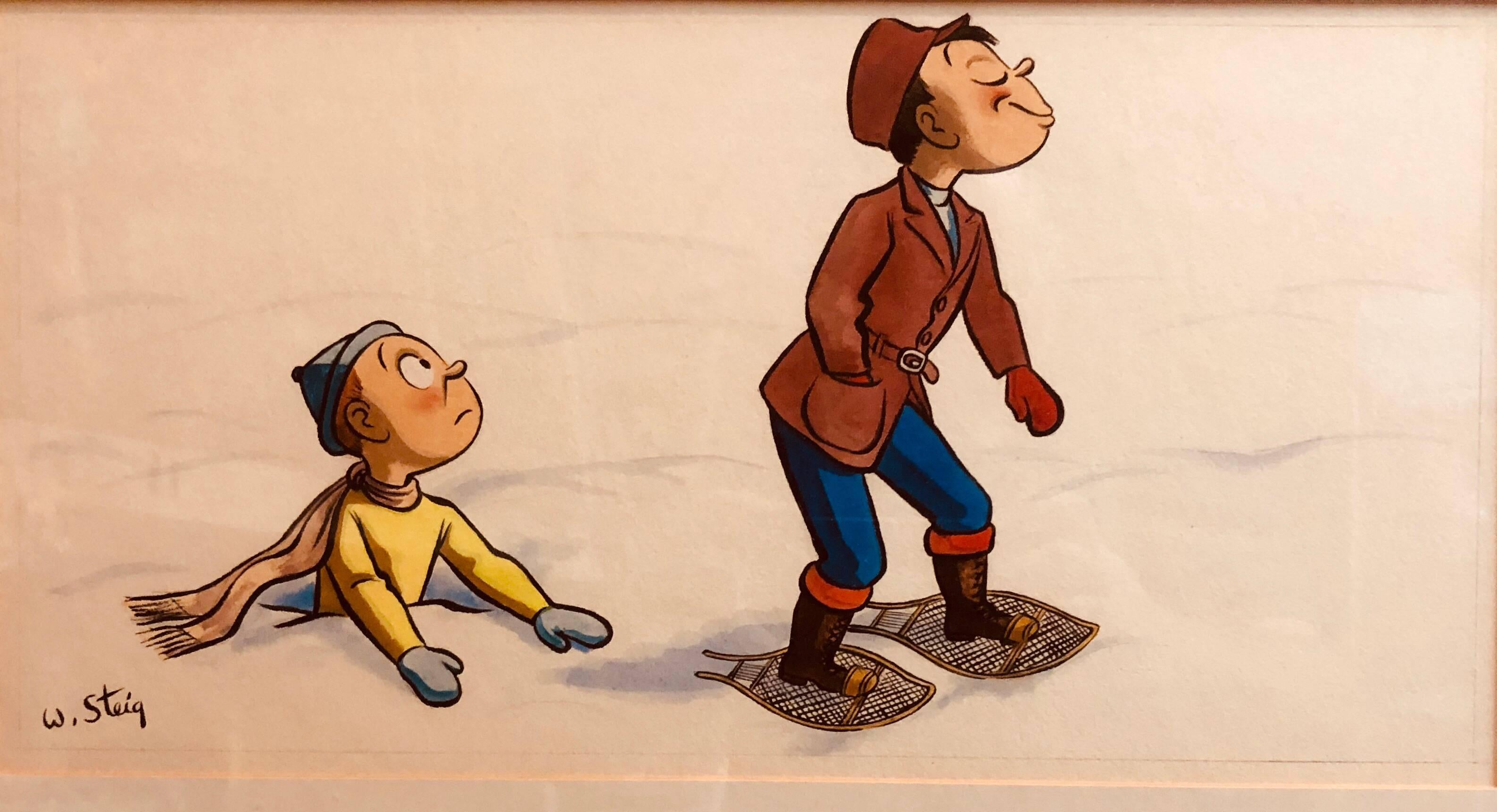 William Steig (b.1907) Figurative Art - Whimsical Illustration "Snow" Cartoon, 1938 Mt Tremblant Ski Lodge William Steig