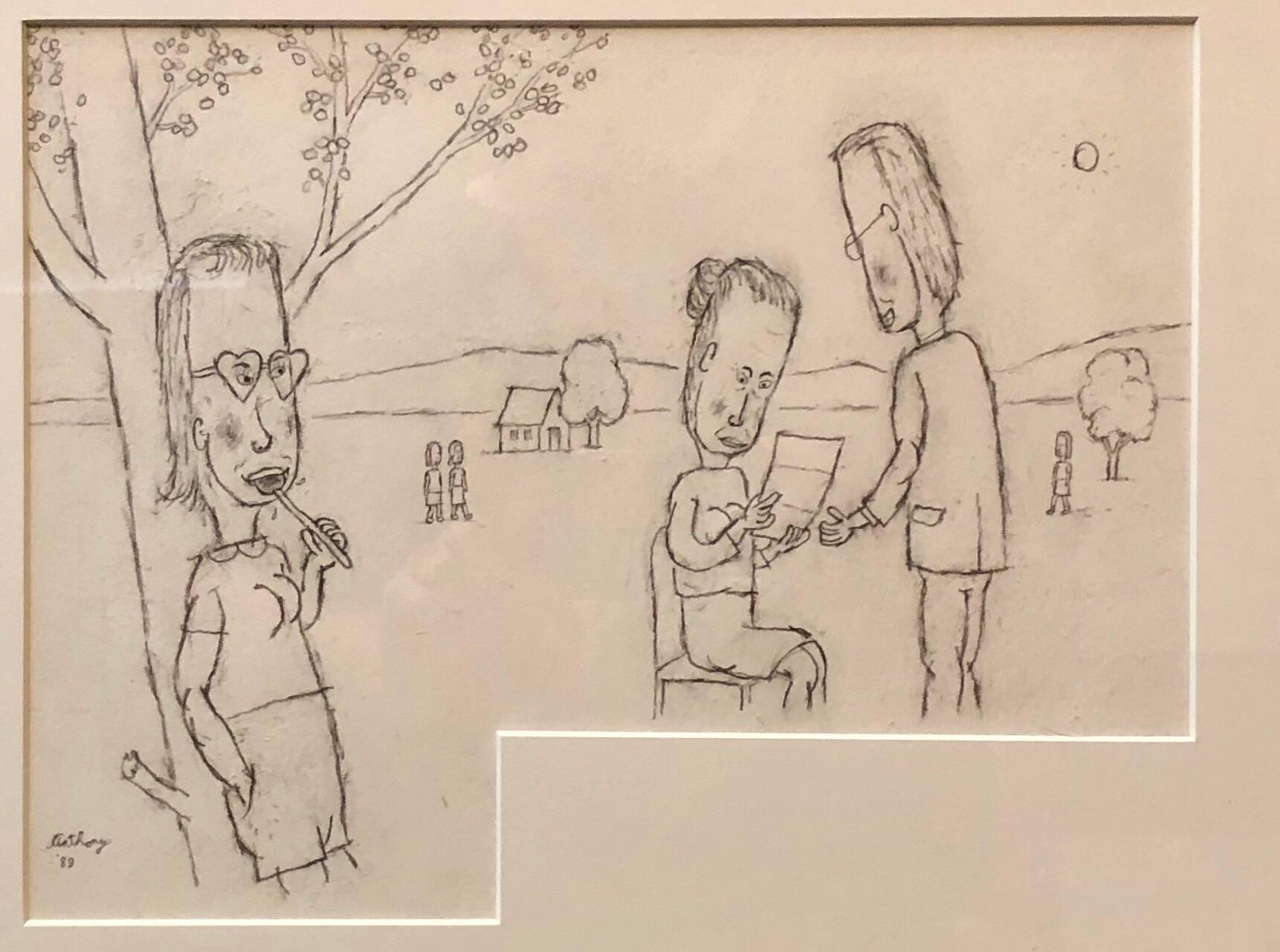 sight size is irregular. size includes frame..
 In scrawly pencil lines, William Anthony outlines figures that look like sock puppets with oversize heads and sausage-shaped limbs. And if you look closely, you discover that his primitivistic lines