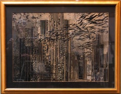 Rare Large Collage New York Cityscape Skyline Assemblage Painting