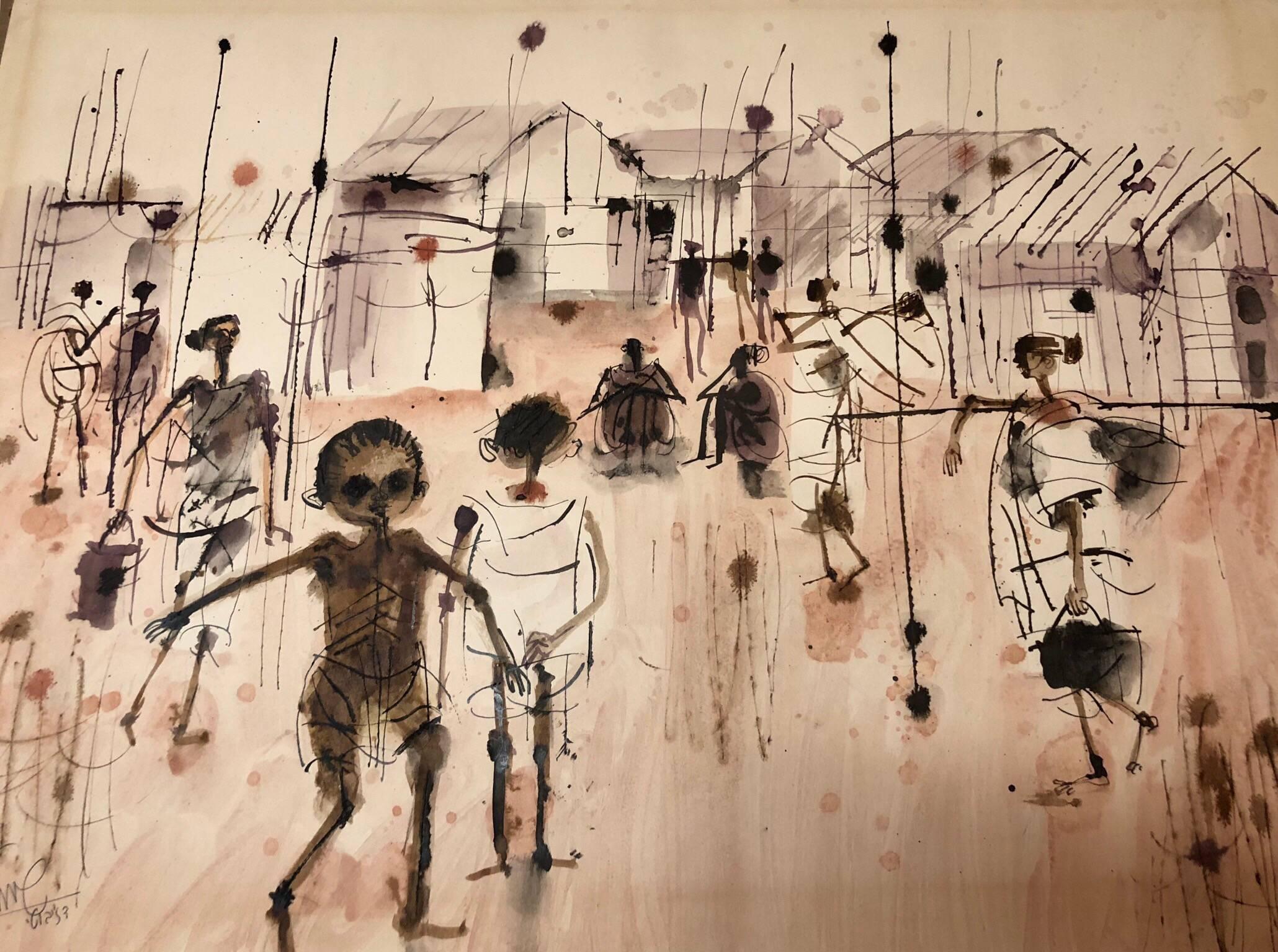 Shmuel Katz Landscape Art - Djibouti, African Landscape Original Israeli Watercolor Cityscape Painting