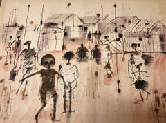 Djibouti, African Landscape Original Israeli Watercolor Cityscape Painting