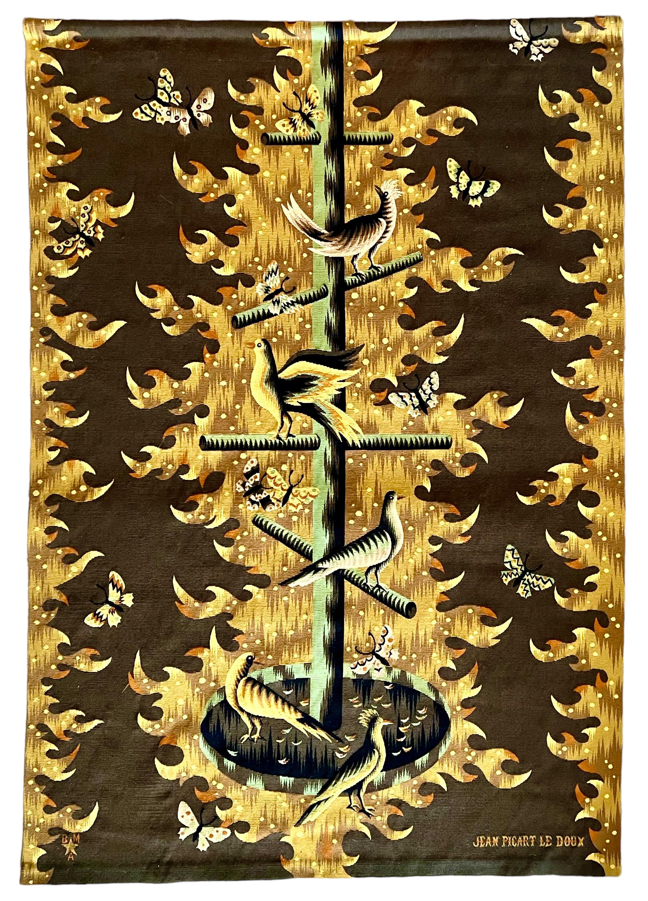 Jean Picart Le Doux, French (1902 - 1982)
"Au Rendez Vous Des Oiseaux" 
Larger handmade wool Aubusson tapisserie 
Produced by Maison M. Berthaut Aubusson Atelier, France. Signed Lower left corner woven with firm's monogram and lower right with