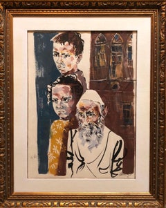 Large Watercolor Painting Israeli Modernist Judaica Rabbi with Children, Bezalel