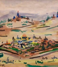 Pintura modernista israelí en acuarela. Paisaje de Jerusalén. Escuela Bezalel. Avniel