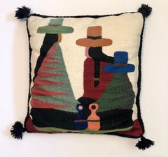 Vintage Handwoven Tapestry Wool Folk Art Rug Weaving Pillow or Wall Hanging (Tapisserie en laine tissée à la main, tissage de tapis, oreiller ou suspension murale)