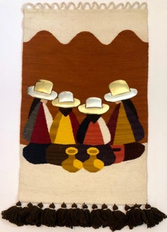 Vintage Handwoven Tapestry Wool, Metal Folk Art Rug Weaving Wall Hanging