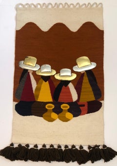 Vintage Handwoven Tapestry Wool, Metal Folk Art Rug Weaving Wall Hanging