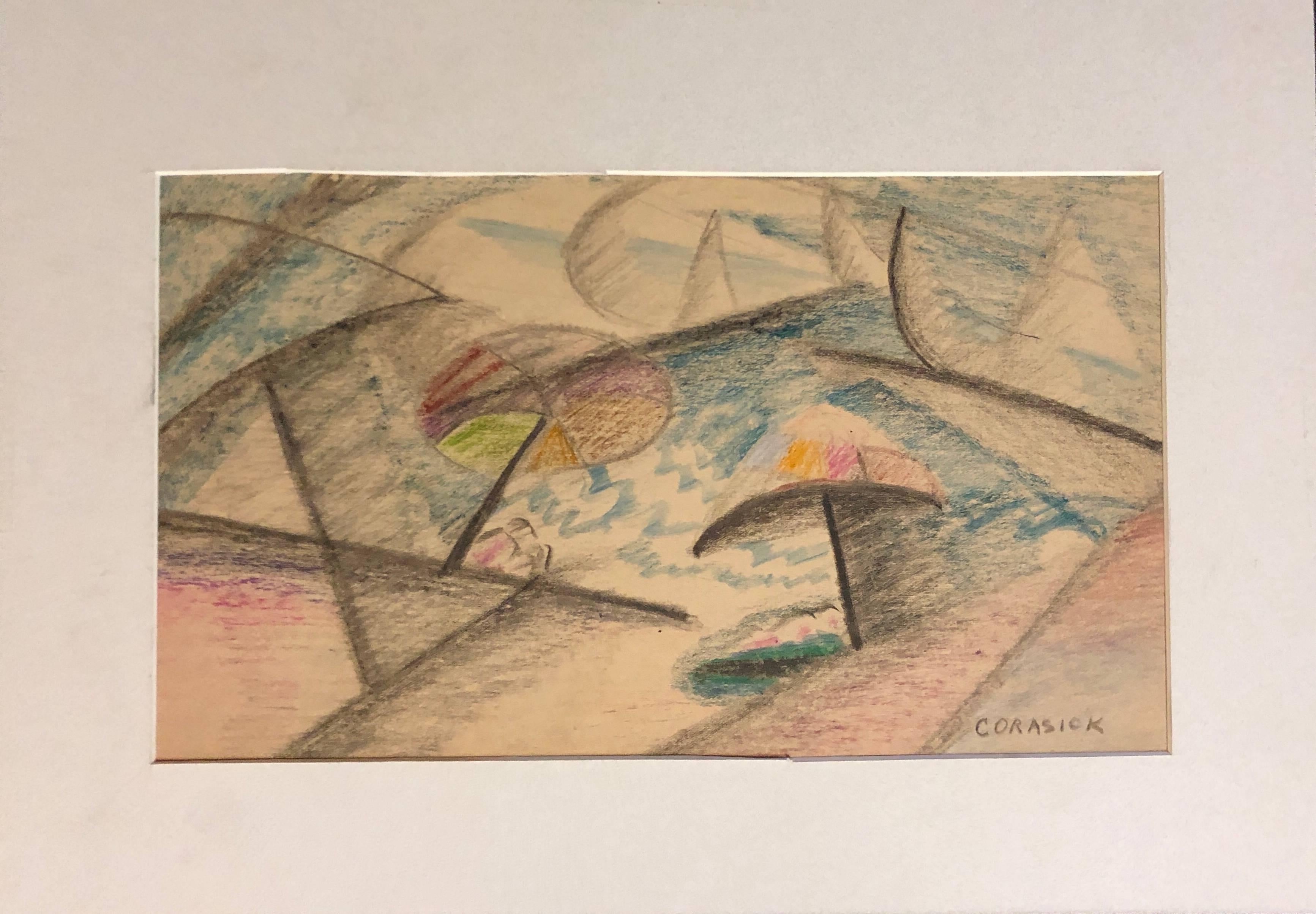 Modernist Crayon Pastel Drawing Cubist Beach Scene with Umbrellas - Art by William Corasick