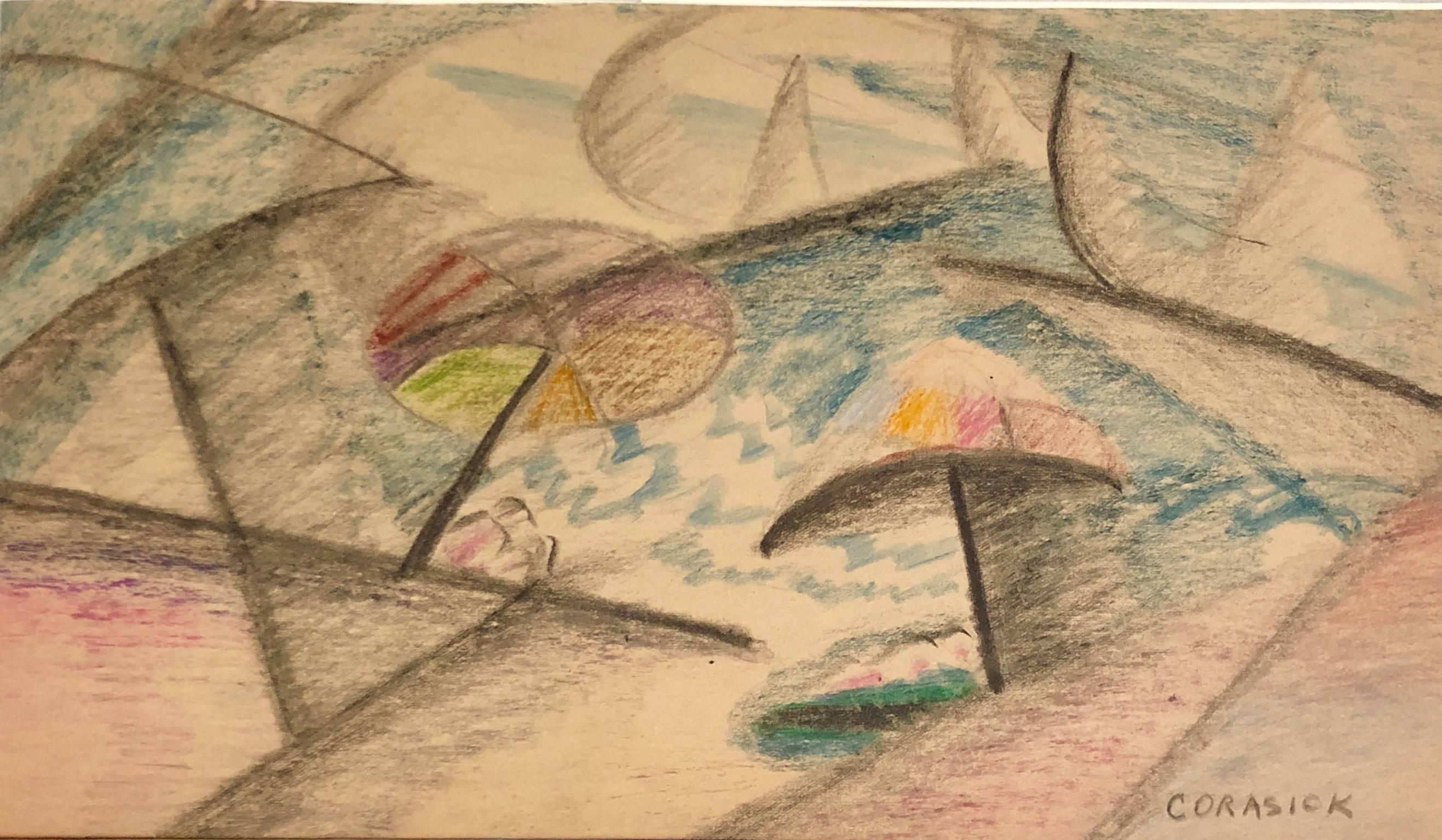 William Corasick Landscape Art - Modernist Crayon Pastel Drawing Cubist Beach Scene with Umbrellas