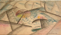 Modernist Crayon Pastel Drawing Cubist Beach Scene with Umbrellas