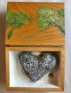 Retro Modernist Alaska Russia Table Sculpture Wood Map Collage Box Heart Assemblage