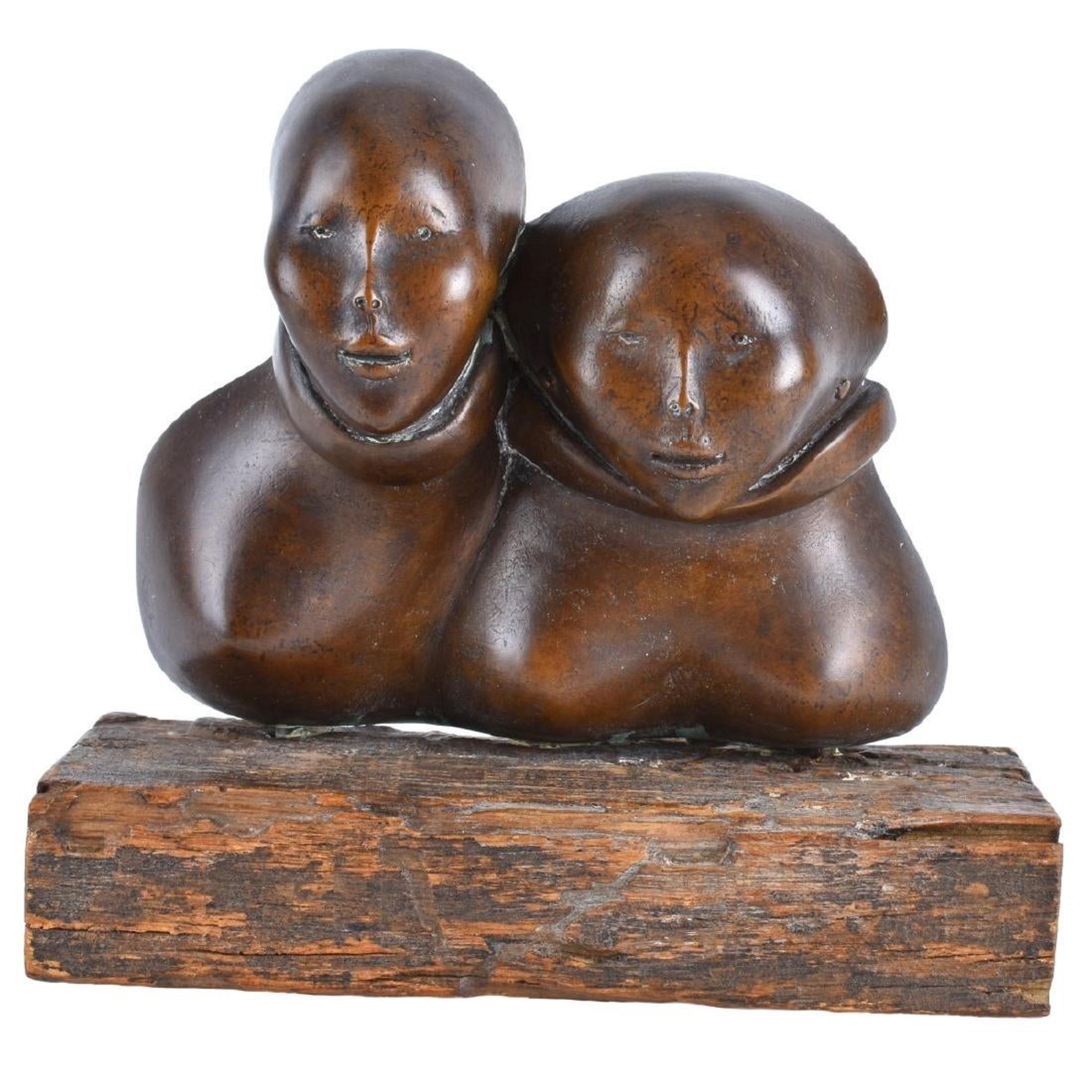 Cornelis Zitman Still-Life Sculpture - Dutch Modernist Latin American Bronze Sculpture on Wood Base, Two Faces, Zitman