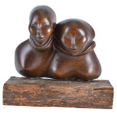 Dutch Modernist Latin American Bronze Sculpture on Wood Base, Two Faces, Zitman