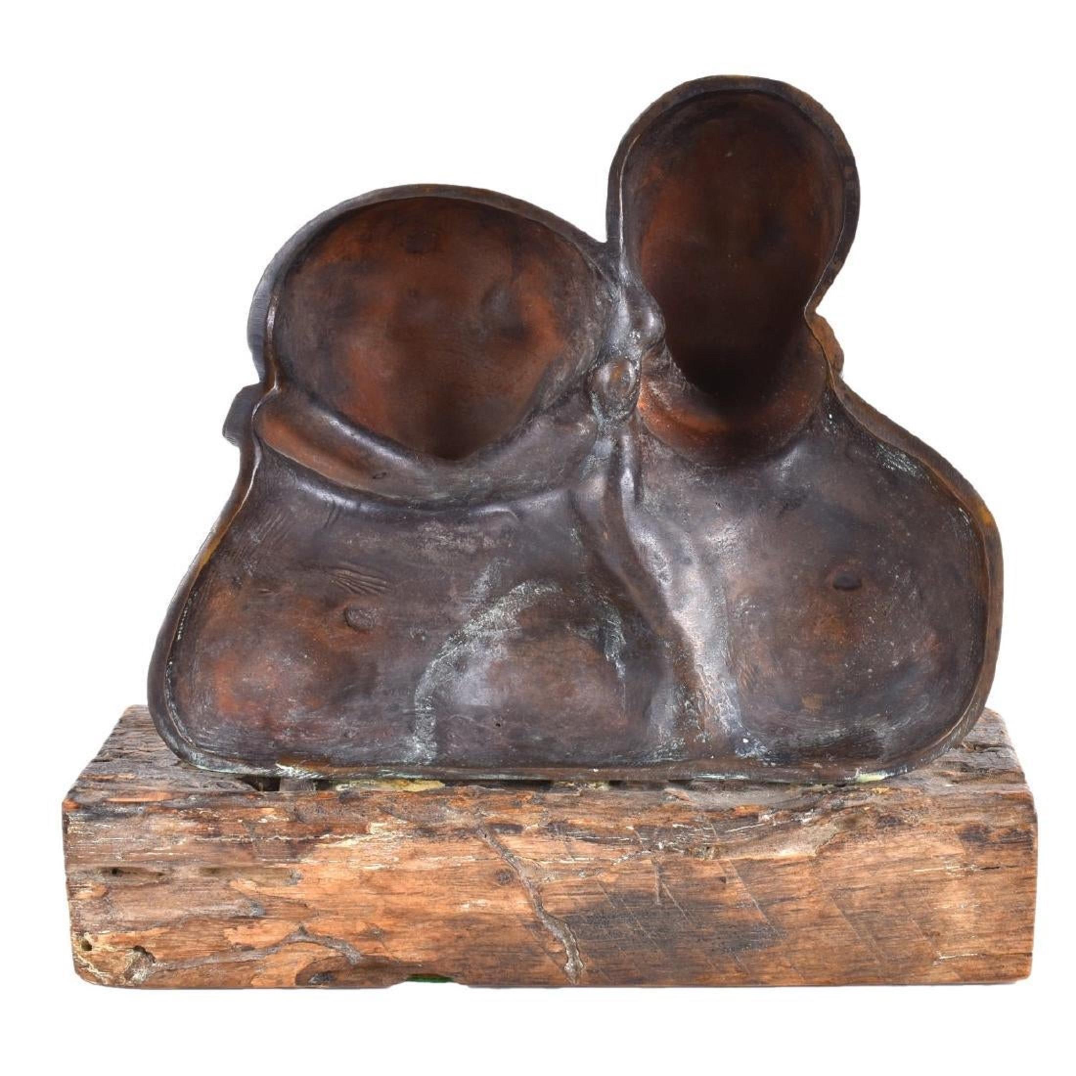 Dutch Modernist Latin American Bronze Sculpture on Wood Base, Two Faces, Zitman - Brown Still-Life Sculpture by Cornelis Zitman