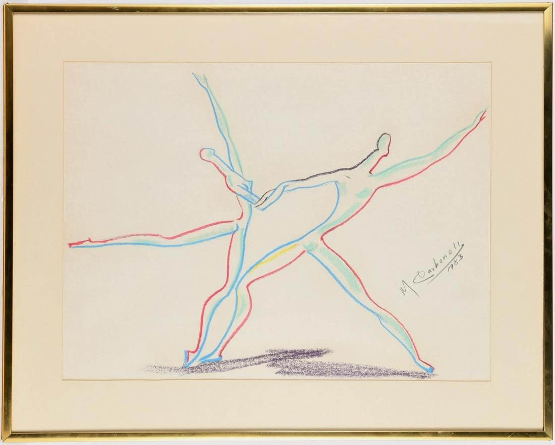 Manuel Carbonell Figurative Art - Cuban Modernist Master Colorful Pastel Crayon Drawing Lyrical Ballet Dancers