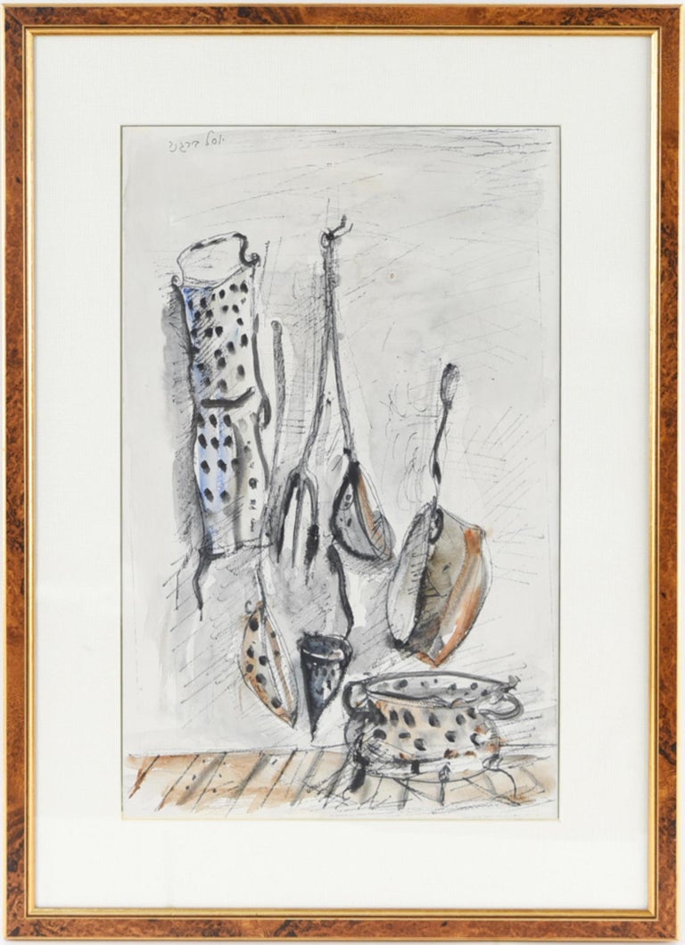 Abstract Composition, Kitchen Utensils.
Ink and watercolor of kitchen implements. Hand signed in Hebrew upper left. Dimensions: (Frame) H 25