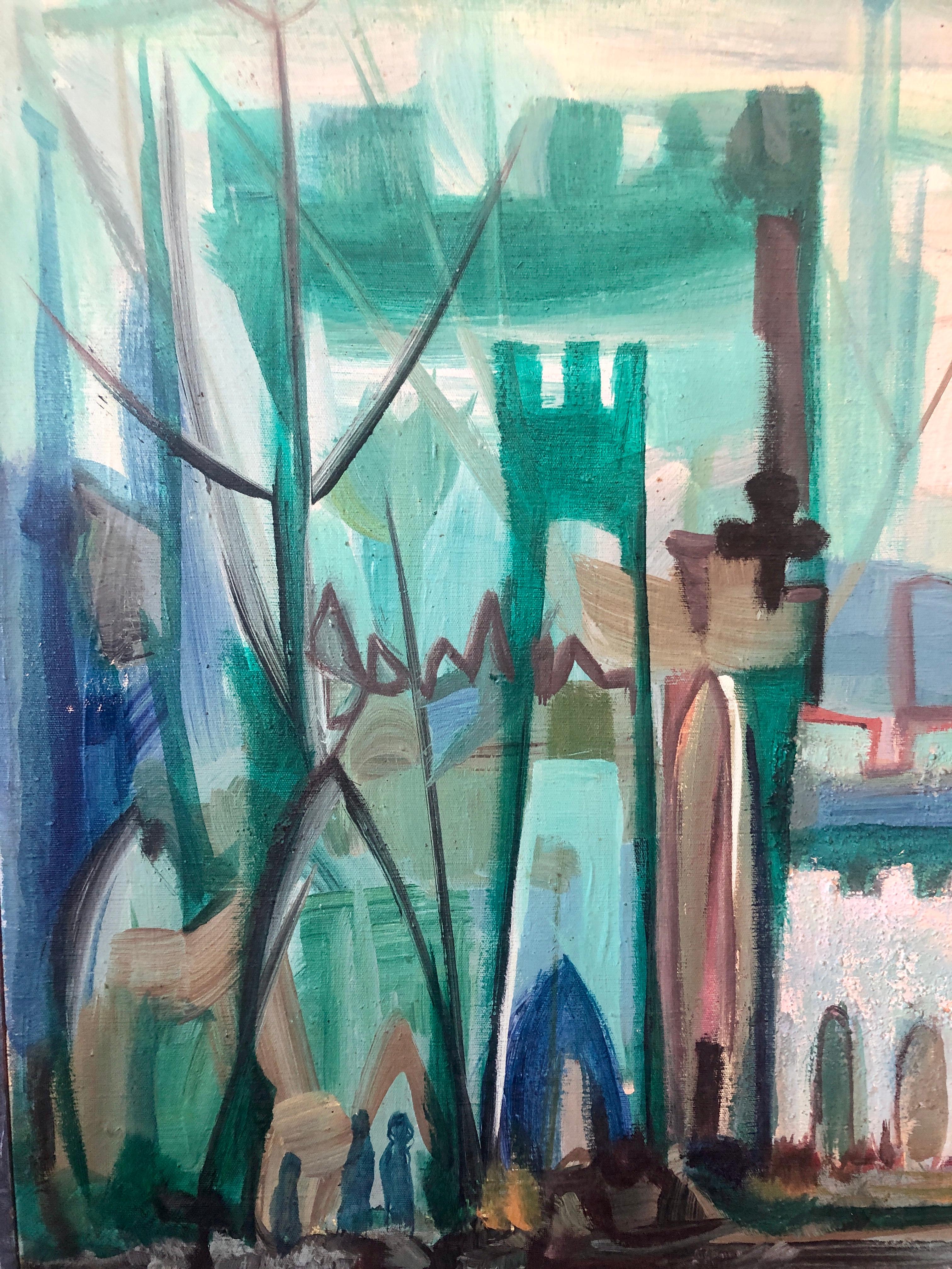 Jewish Mystical Kabbalah Oil Painting Jerusalem Cityscape Hebrew Letters Judaica - Gray Landscape Painting by David Rakia