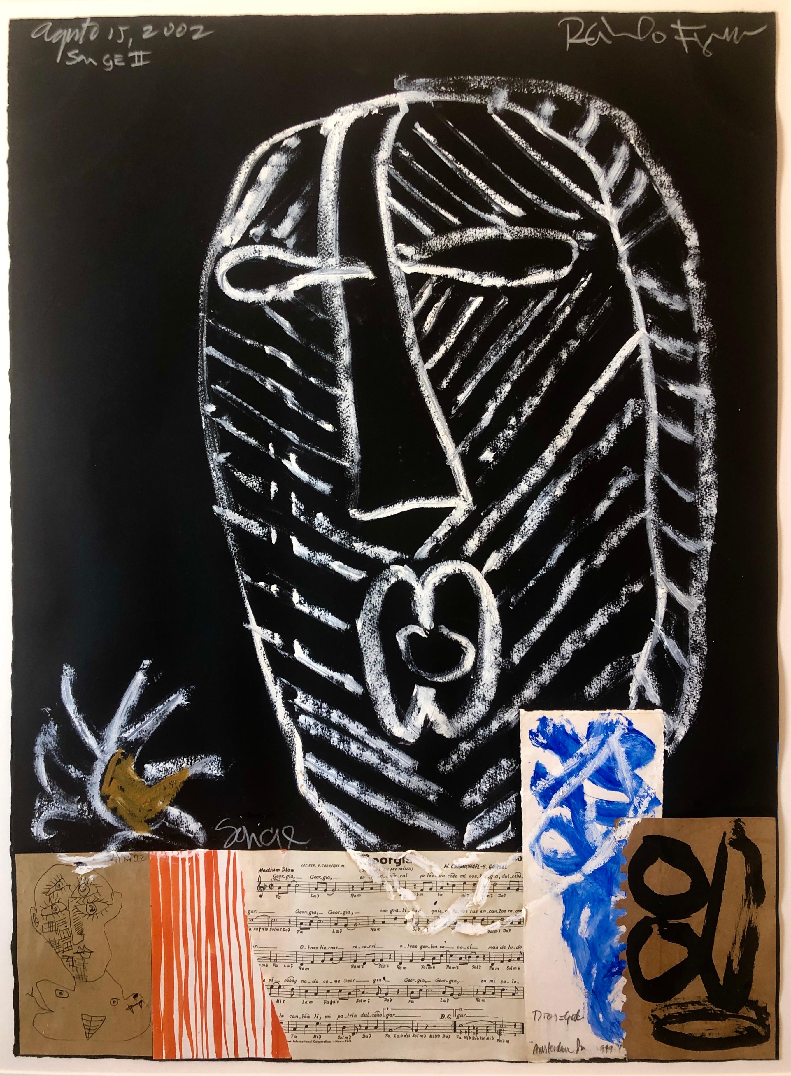 Puerto Ricanischer modernistischer Malermeister Figueroa in Mischtechnik, Collage mit Musiknotizen (Postmoderne), Painting, von Raimundo Figueroa