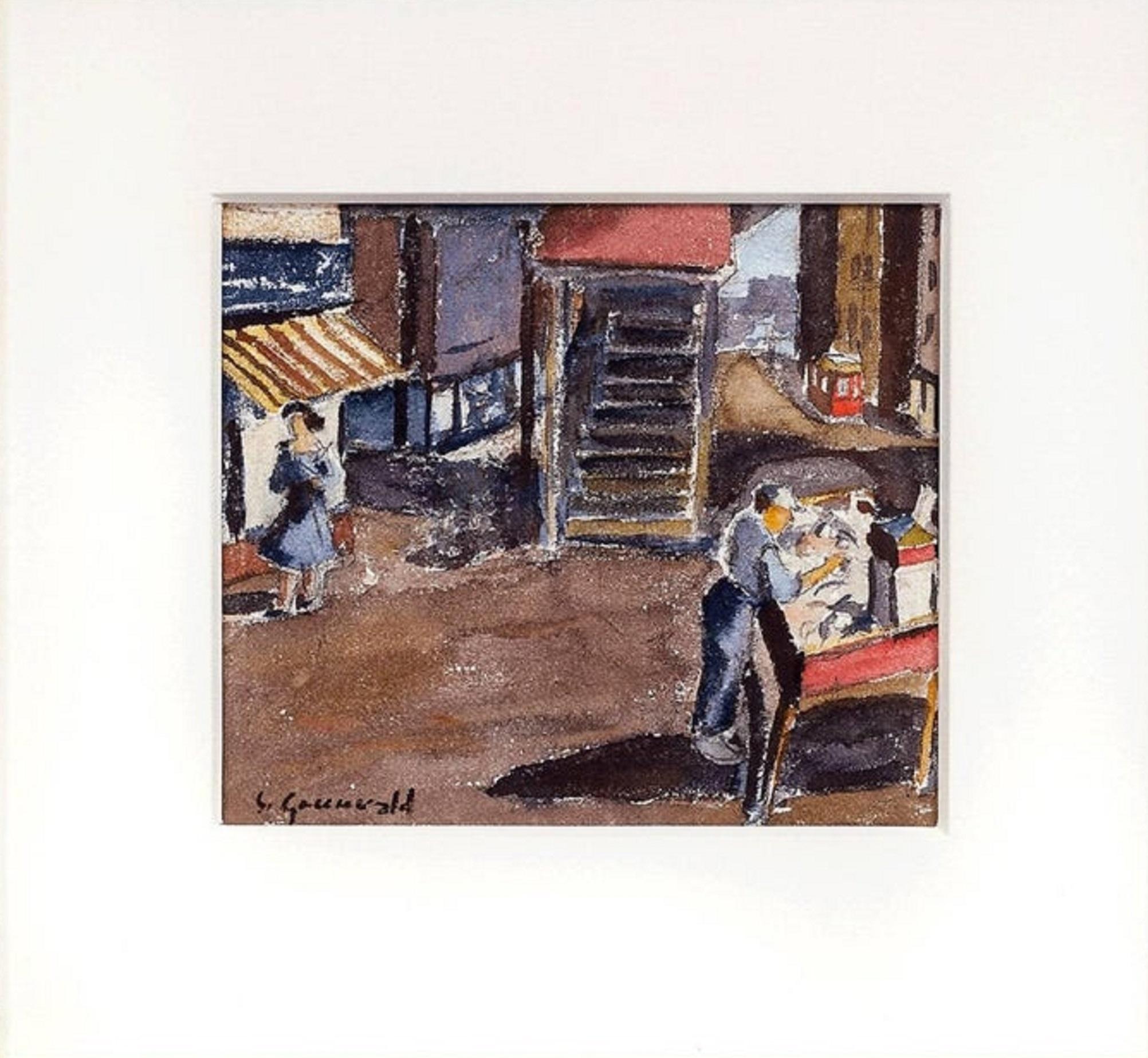 1940 American WPA Modernist New York City Watercolor Painting Pushcart Tenements