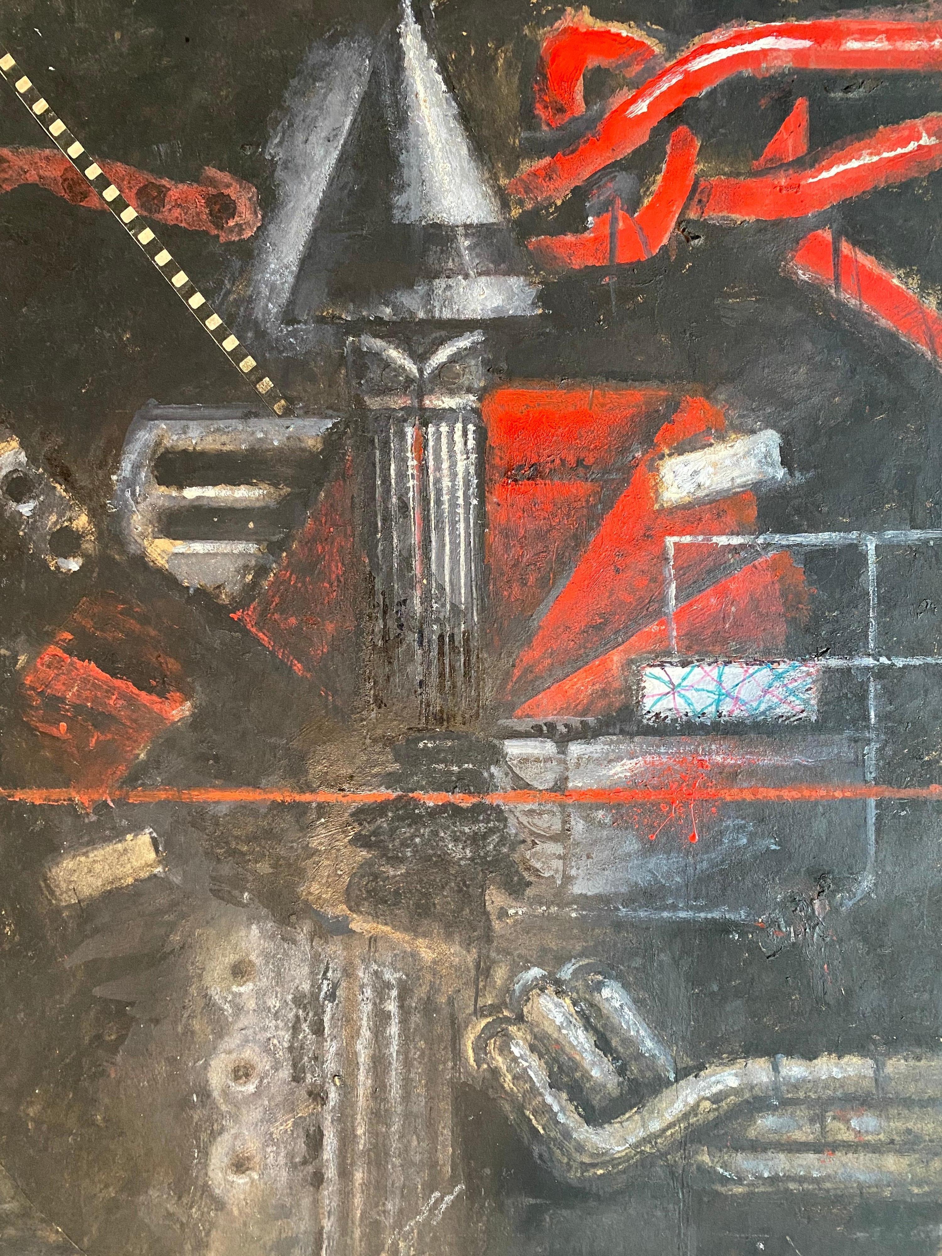 Peinture à l'huile - Collage de techniques mixtes - Art expressionniste abstrait futuriste - Art de la machine - Moderne Painting par Nick de Angelis