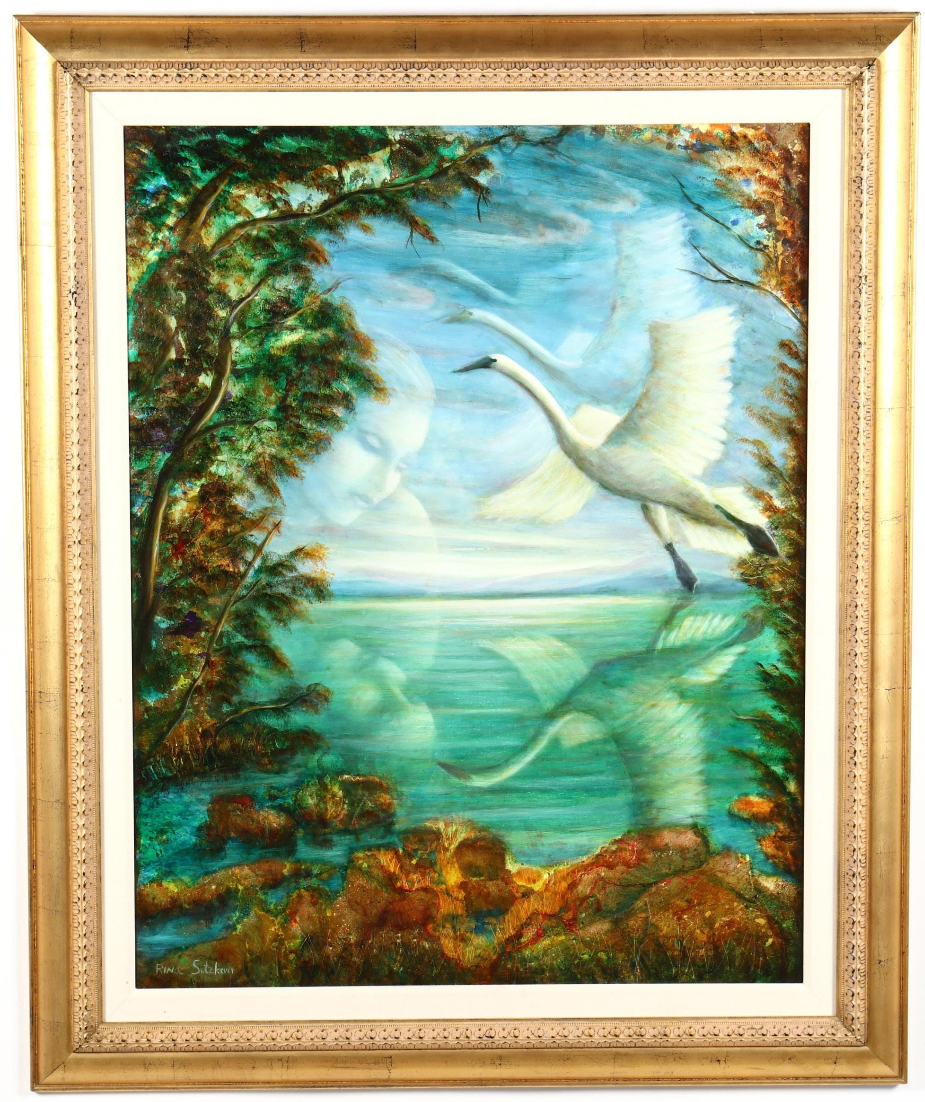 Large Russian Israeli Fantastic Realism Surrealist Oil Painting Girl with Swan