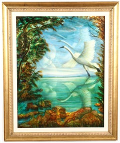 Vintage Large Russian Israeli Fantastic Realism Surrealist Oil Painting Girl with Swan