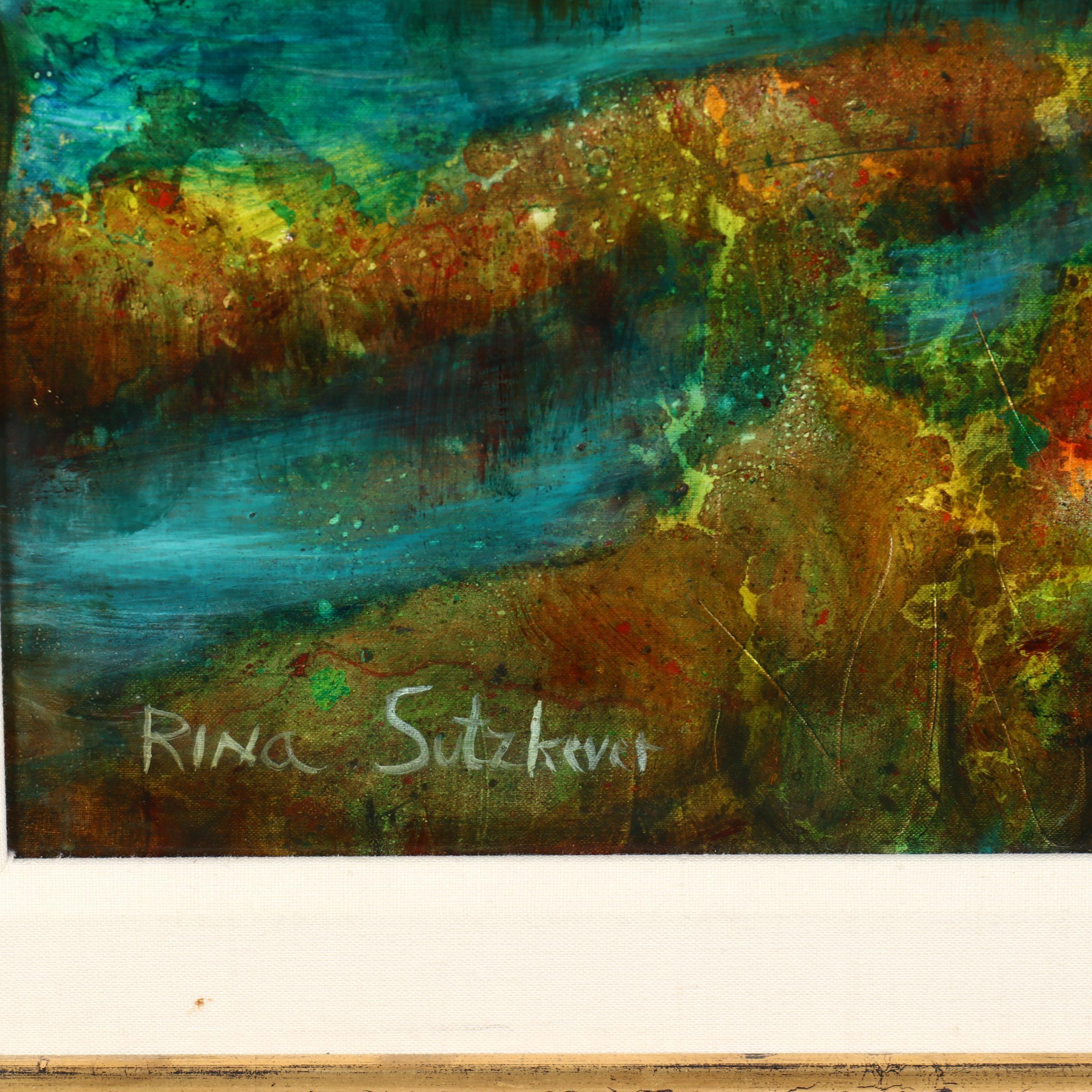 Grande peinture à l'huile russe israélienne de réalisme fantastique et surréaliste Fille au Swan - Painting de Rina Sutzkever